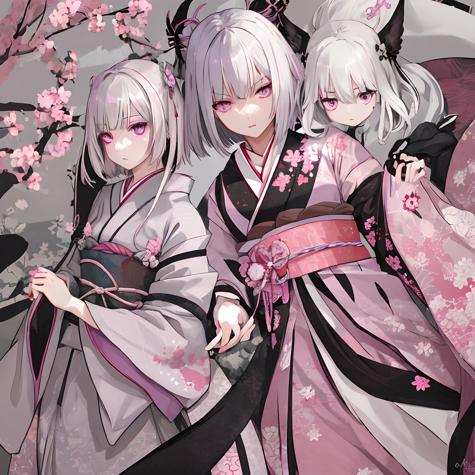 Silver-haired bob Pink eyes Japanese dress