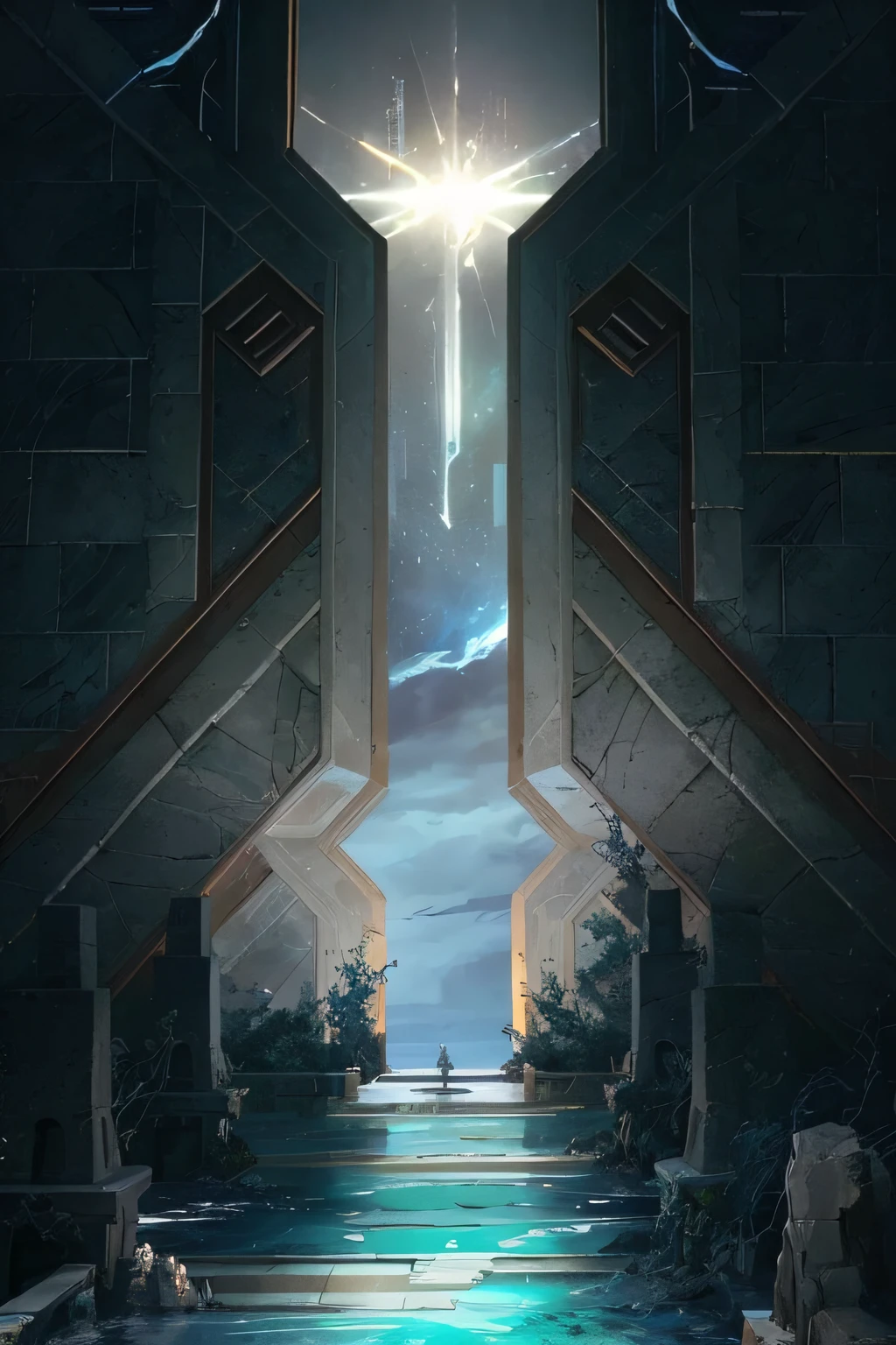 a close up of a building with a sky background and a star in the sky, silvain sarrailh, portal to another world, symmetrical epic fantasy art, symmetric concept art, mystical sci-fi concept art, concept art for a video game, the entrance of valhalla, dramatic concept art, concept arts, surreal concept art