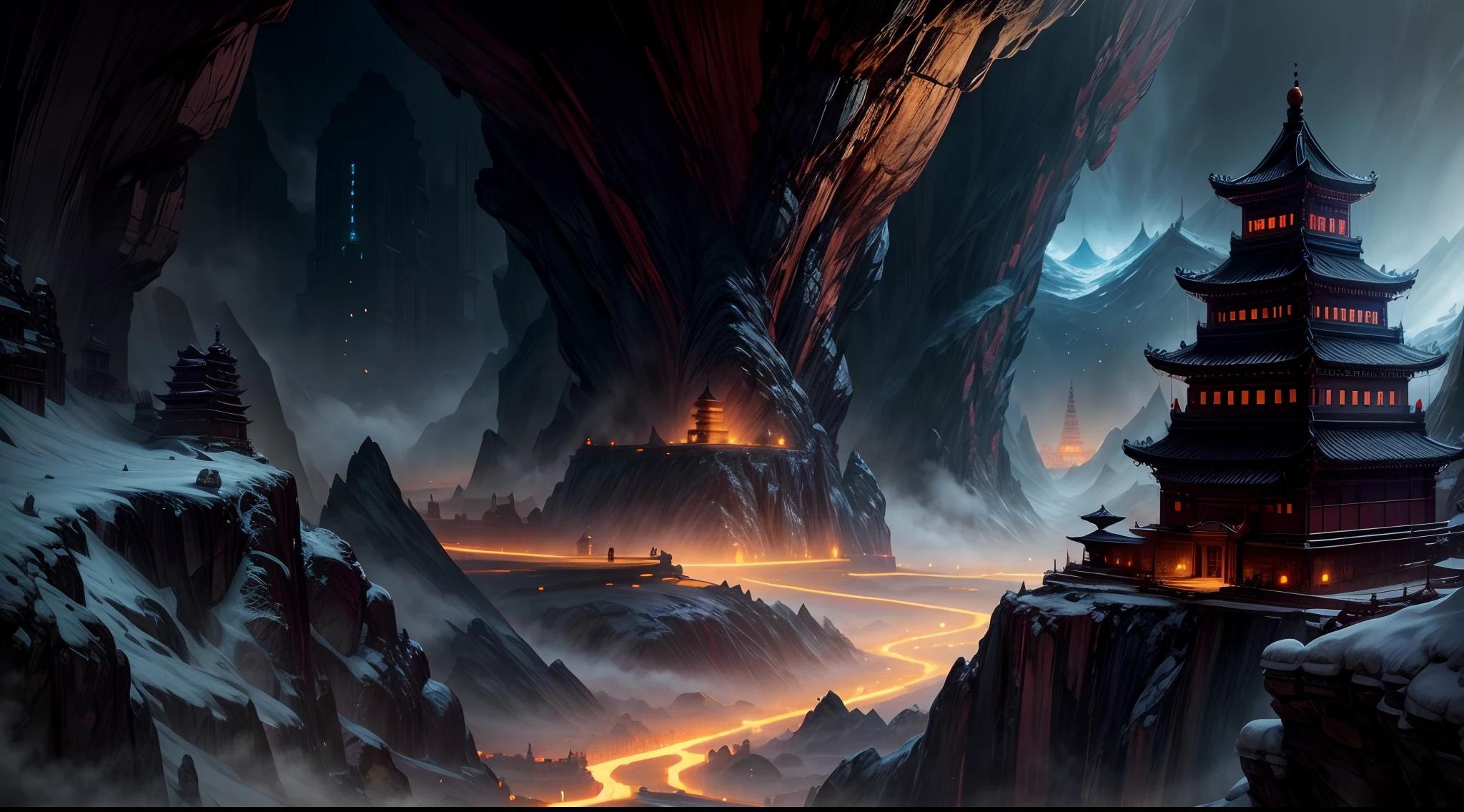 Shining Ancient Chinesse City in an abnormally large dark cave, 8k, masterpiece
