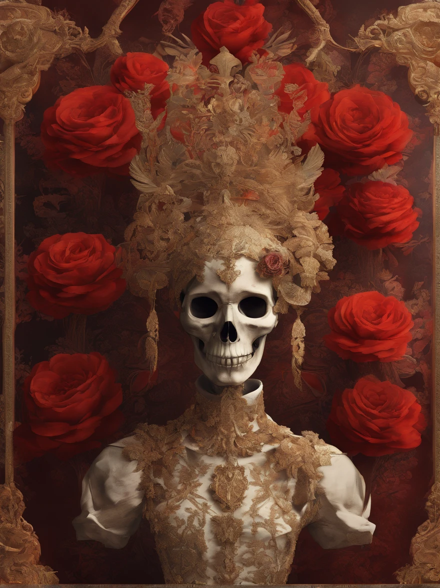 Movie poster Skeleton standing together in flowers and Rococo-style costume, Intricate skeleton decoration, made of dried flowers, saint skeleton queen, Honed Enna Skeleton Geisha, Made of a complex skeleton, Victoria Day of the Dead, hauntingly beautiful art, ((Jour des morts) ), Katrina, (The cutouts blend perfectly with Rococo clothing: 1.37), The background is blood red and gold,concept art of character,Photography,close up photograph,A beautiful painting by Clyford Steele,Painted in the traditional French art style,Image from Luc Besson's work,Image via Bradford Young,author:Laurent Bayeux,author:david bailey,mystical ambiance,corona rendered,rendering by octane,Quixel Megascans Render,v-ray,High detail,hyper qualit,high resolution,hyper photorealism,16k,Waist Shot(WS),Close up,Beautiful lighting, --Glazing --Original style