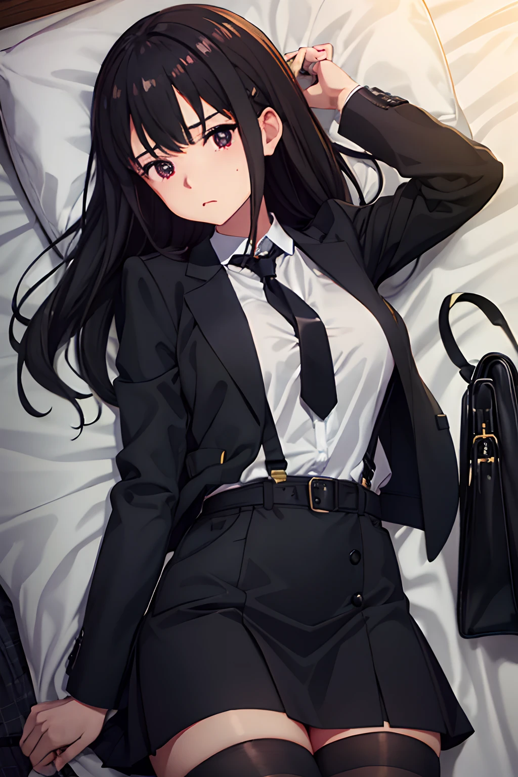 Suit,Collared shirt,Belt bag,Suspenders Black Miniskirt garterbelts knee high Stockings Black Niso Colorcon armpit sweat perspiring Side of both hands,Black jacket,Gaze,ample bosom,Armpit sweat,Exposing the armpits"Tight clothes、Raise your hands、wristbands Lying in bed Behind the back