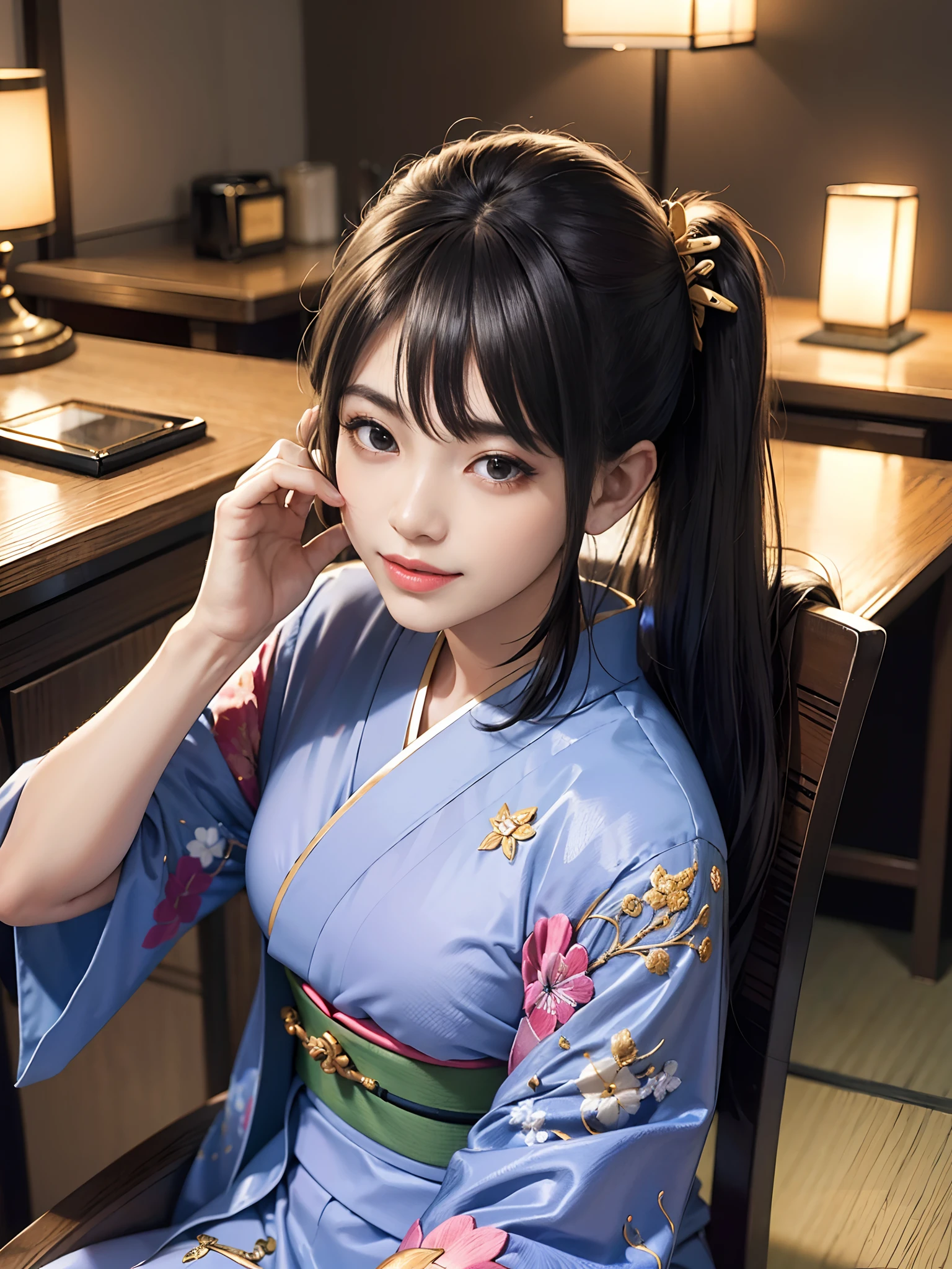(rokoko:1.5),Background of details(Breaking the chair),BREAK ,elaborate costume(Luxury kimono(Colorful kimono(detailed embroidery()))),BREAK,(1 Beautiful and classy adult woman(Happy smile:1.2)(Japanese actressl:1.2)(glossy dark hair(poneyTail:1.2))),(eye glass(four corners:1.2)),(Have a fork),BREAK,Wallpapers 16K,Blur the background,(masutepiece:1.5),(Best Quality:1.5),(Portrait photos:1.5),From above