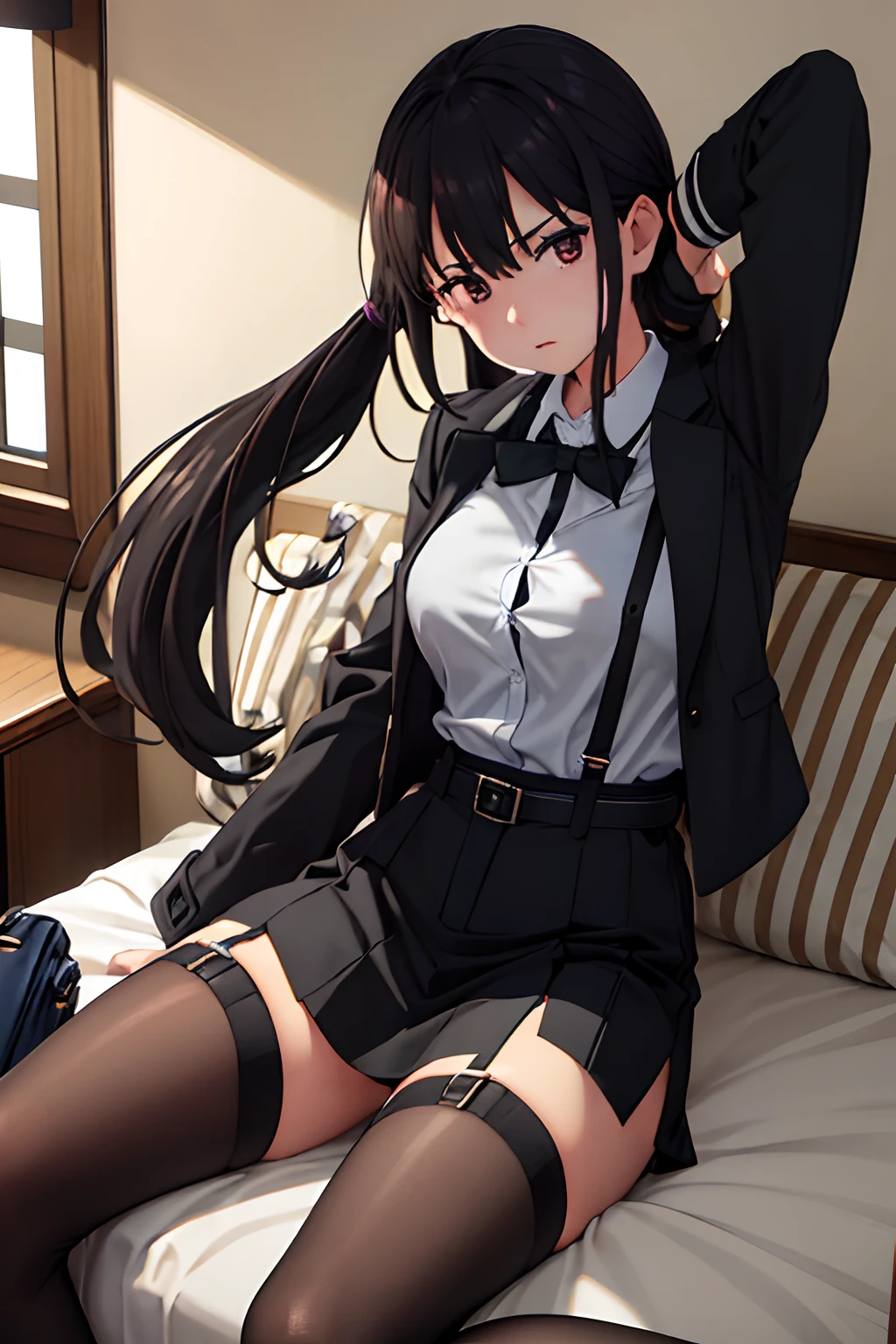 Suit,Collared shirt,Belt bag,Suspenders Black Miniskirt garterbelts knee high Stockings Black Niso Colorcon armpit sweat perspiring Side of both hands,Black jacket,Gaze,ample bosom,Armpit sweat,Exposing the armpits"Tight clothes、Raise your hands、wristbands Lying in bed Behind the back