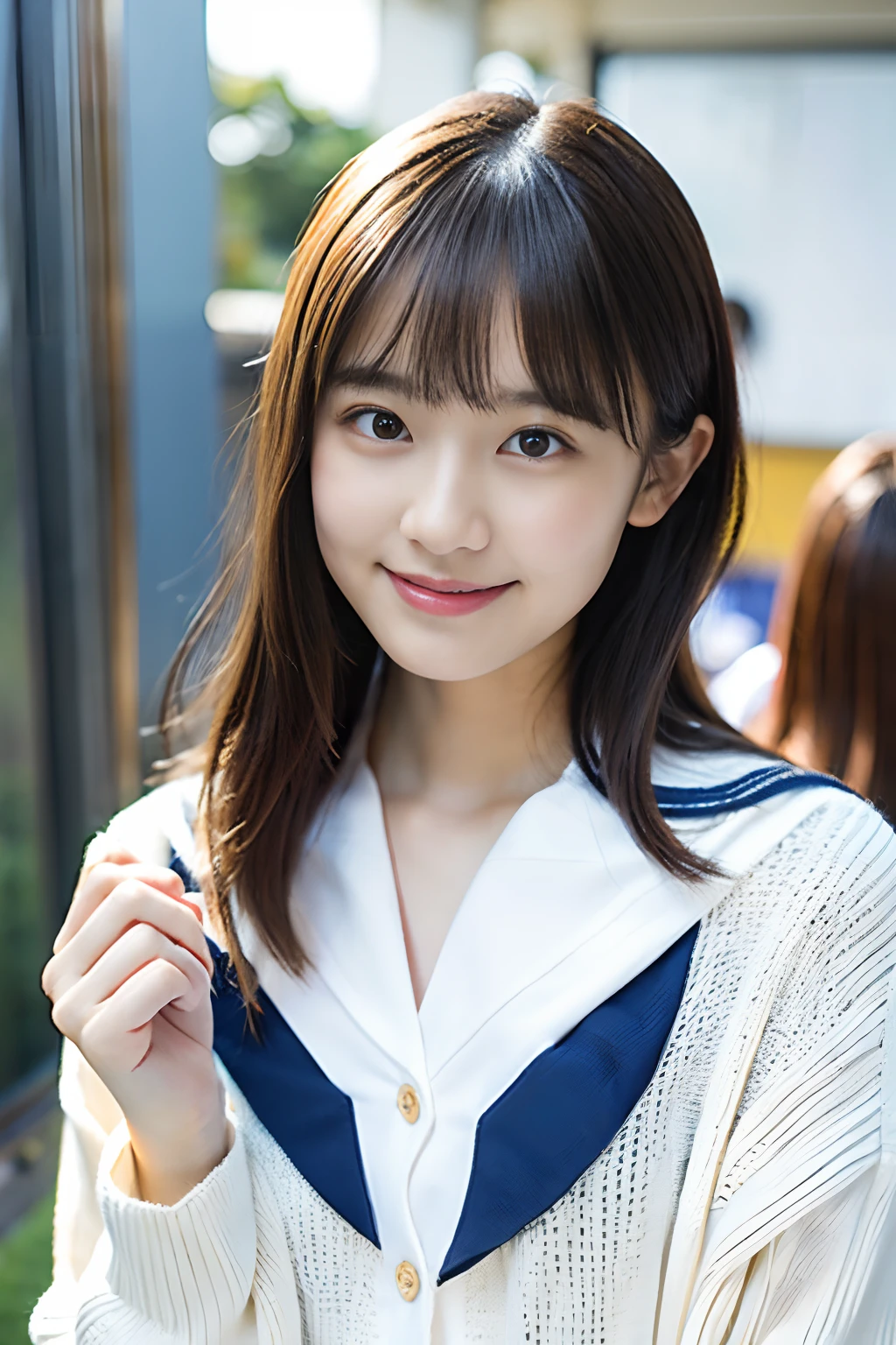 (8K、Raw photography、top-quality、masterpiece:1.2)、(realisitic、Photorealsitic:1.37)、ultra-detailliert、超A high resolution、女の子1人、see the beholder、beautifull detailed face、A smile、Constriction、(Slim waist) :1.3)、Beautiful detailed skin、Skin Texture、floated hair、profetional lighting、 (Face like an idol), Incredibly absurd, (cuteness: 1.3), bangss、15yo student、(Sailor suit and white cardigan:1.5)、(Enjoy a walk with viewers:1.2)、Lover's perspective:1.3、(reach out to viewer:1.5)、(Talking to your audience in a school classroom:1.5)
