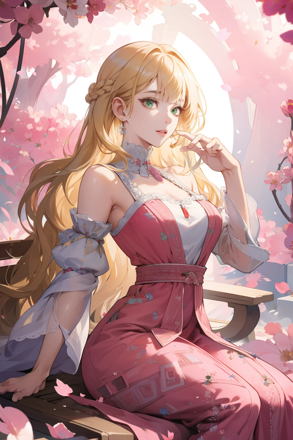 (absurdres, highres, ultra detailed), 1girl, mature female, wavy blonde hair, long hair, blunt bangs, green eyes, pink dress, finely detailed eyes and detailed face, extremely detailed CG unity 8k wallpaper, intricate details, BREAK , kaleidoscopic imagery, symmetrical patterns, vibrant colors, geometric shapes, mesmerizing designs, optical illusions, dynamic composition BREAK , pantomime art, expressive body language, silent storytelling, evocative gestures, visual narratives, theatrical performances BREAK , blooming flowers, colorful petals, fragrant scents, nature's bounty, vibrant gardens, peaceful scenery