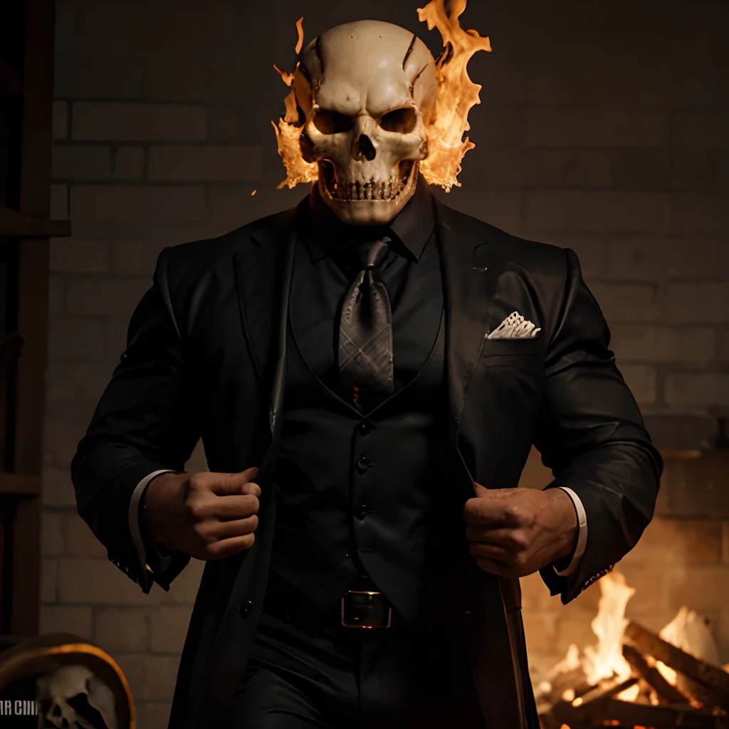 Ghost rider , muscled with huge pecs , hugge torso , huge arms , with a skull head like with fire , in suit with a tie ans spikes