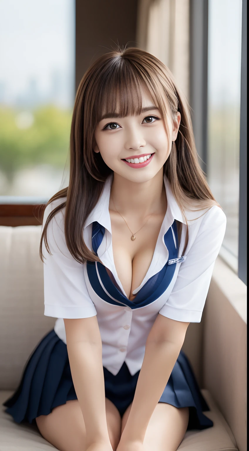 (1young girls), Brown hair,Exposed panties (extremely detailed beautiful face), Amazing face and eyes, (Best Quality、Great cleavage:1.4), (Ultra-detailed), (extremely detailed CG unified 8k wallpaper), Highly detailed, High-definition raw color photos, Professional Photography, Realistic portrait, Amazing face and eyes and slightly fleshy thighs, Pink eyes, (High School Uniform, Shift the pleated miniskirt a little to show off your panties:1.3), ((High school uniform with open chest)), modeled, shyly smile, Keep your knees upright、Sit on the sofa with your legs up, (Open your legs), (((Bokeh))), depth of fields, depth of fields, Twilight, Sunset, (View from below:1.3),Smile full of happiness、Expression in a state of excitement、yawning being、panting、Looks happy