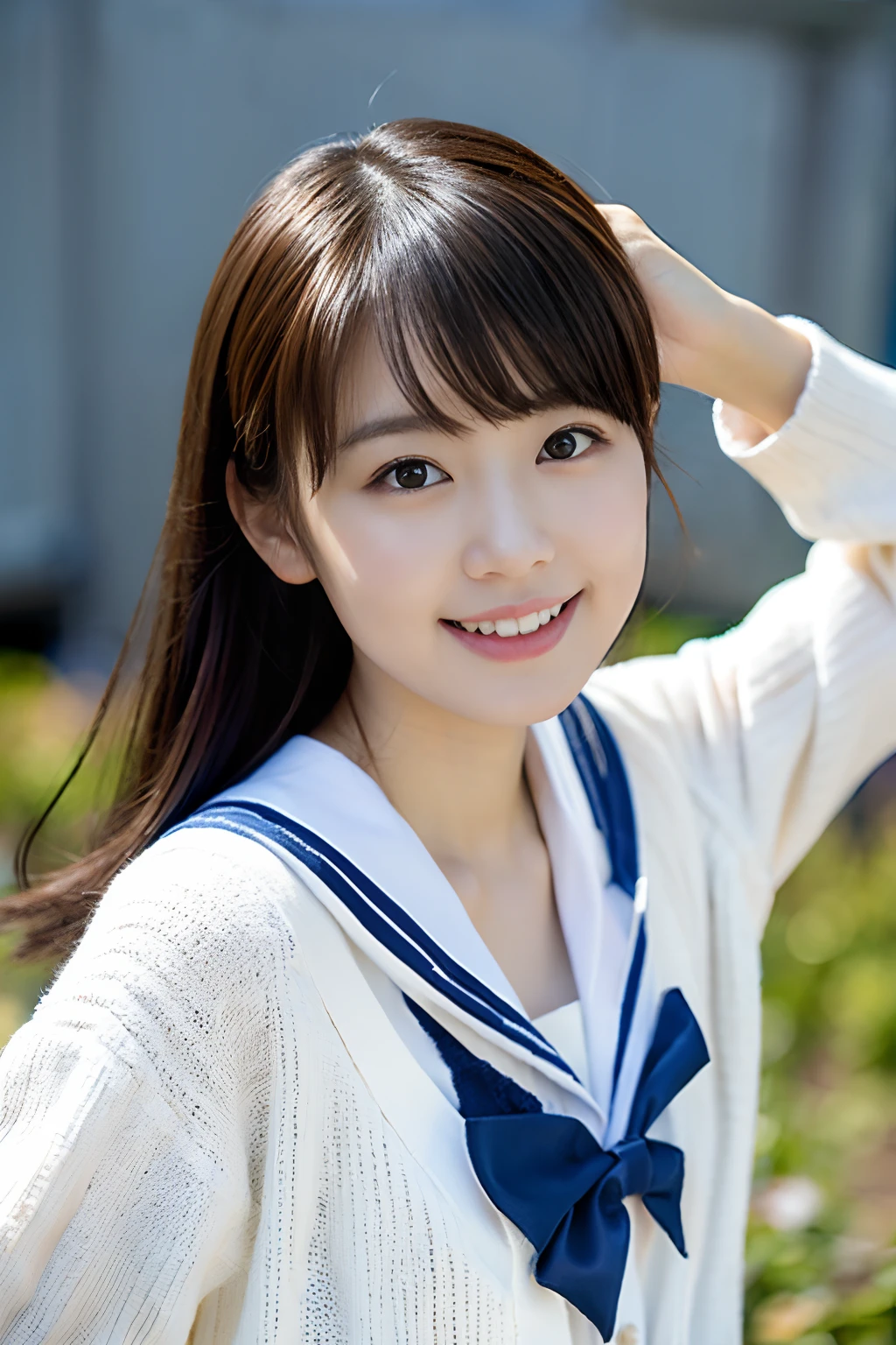 (8K、Raw photography、top-quality、masterpiece:1.2)、(realisitic、Photorealsitic:1.37)、ultra-detailliert、超A high resolution、女の子1人、see the beholder、beautifull detailed face、A smile、Constriction、(Slim waist) :1.3)、Beautiful detailed skin、Skin Texture、floated hair、profetional lighting、 (Face like an idol), Incredibly absurd, (cuteness: 1.3), bangss、 student、(Sailor suit and white cardigan:1.5)、(Enjoy a walk with viewers:1.2)、Lover's perspective:1.3、(reach out to viewer:1.5)、(Talking to your audience in a school classroom:1.5)