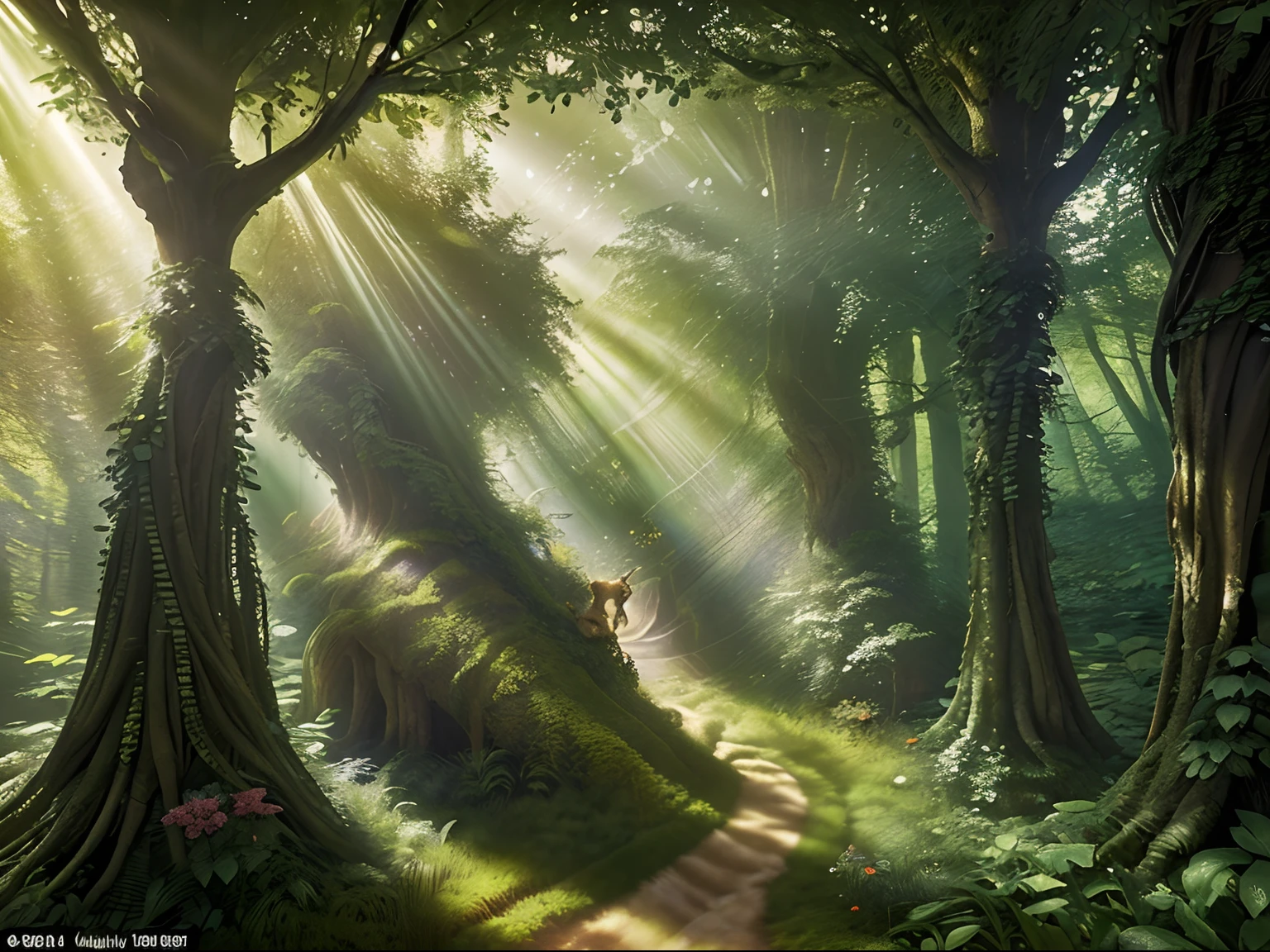 A whimsical and enchanting forest scene unfolds before our eyes. Vibrant colors burst forth from the illustration, with lush greens and radiant purples creating a mesmerizing tapestry of nature's beauty. Delicate sunlight filters through the dense foliage, casting magical rays of golden illumination. Every intricate detail is painstakingly crafted, making this painting a true masterpiece. Evoking a sense of wonder and innocence, the image transports us to a realm where fairies and woodland creatures come to life. This imaginative and captivating artwork captures the essence of a fantastical world, leaving viewers spellbound in its enchanting charm.