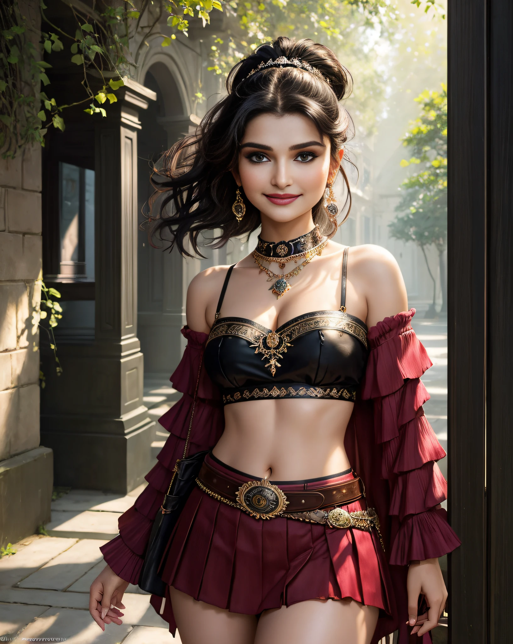 (masterpiece portrait photography:1.4) of a (solo:1.3) ravishing supermodel pirate woman Prachi Desai, on a picturesque rainy ornate courtyard, wearing off-shoulder intricate crop top and pleated mini-skirt, reflections on street, glistening skin, sexy midriff, epaulette, belts, pendants, cute cleavage, (perfect wavy backlit hair), hairband, scandalous, vivacious, , (captivating kohl lined eyes:1.3) , (seductive smile:1.3) flower trees, soft dramatic lighting, depth of field, backlit, light rays, highly detailed, trending on artstation, paint splashes, rich colour, adorable portrait, by Ron hicks, in style of Artgerm & Greg Rutkowsky