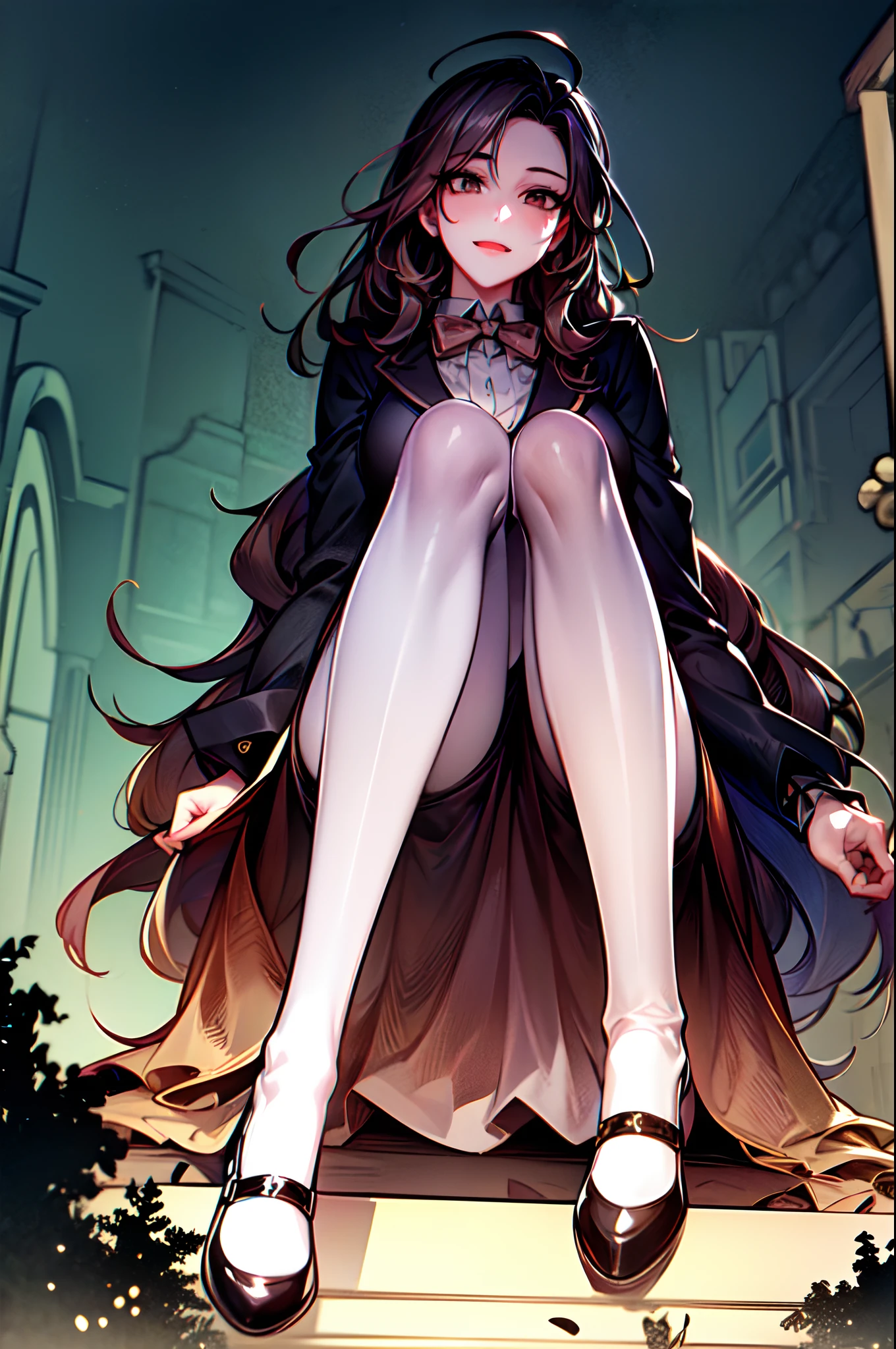 (shoujo-style), (romance manhwa), ((masterpiece,intricate details)),1girl,mature female,Curly hair,,brown eyes,:d,,
BREAK
sit on the stairs, put one's legs together,school uniform,white ((pantyhose)),high heels
BREAK
A mystical forest is adorned with ancient, towering trees, their gnarled branches creating a mesmerizing canopy that filters sunlight into a dappled, enchanting world below.,,,from below:,,depth of field,looking at viewer,