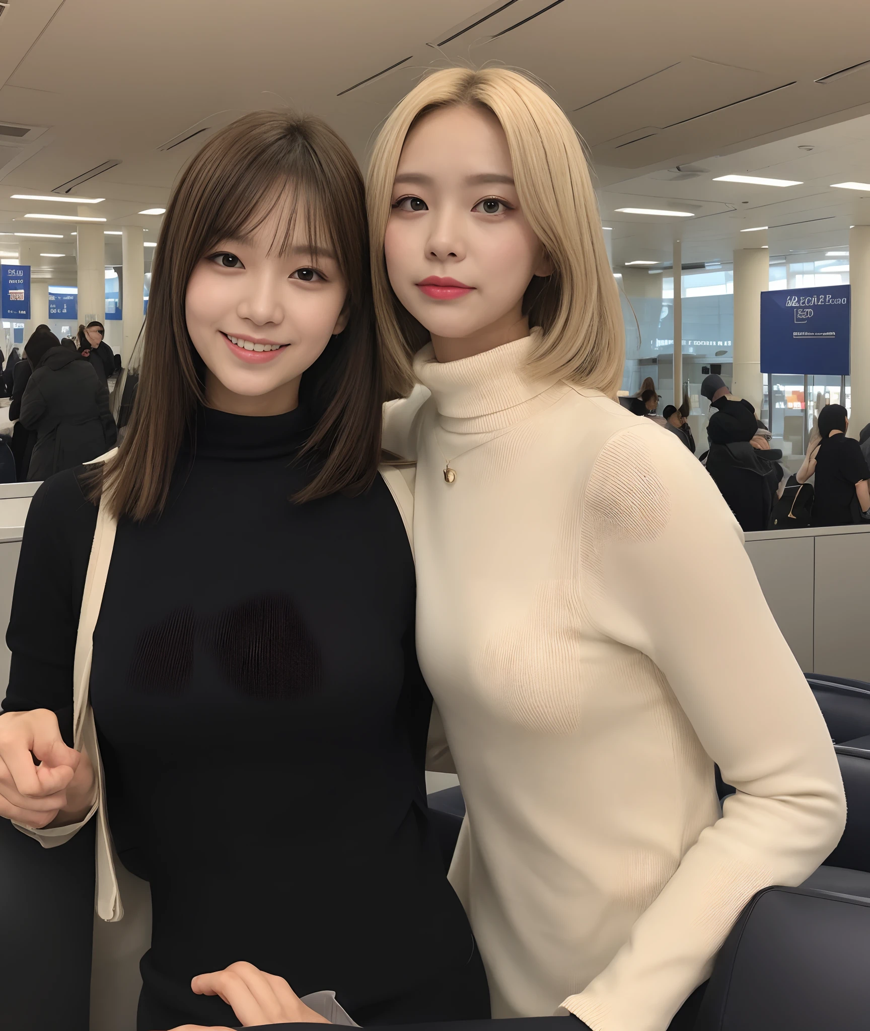 The man behind woman,touches woman's chest、Side shot、Light background、Japanese woman wearing a white turtleneck sleeveless sweater、 (((Hold your chest with your elbows)))、(((masterpiece))), ((highest quality)), ((intricate details)), (((black long hair)), absurd solution, law of near and far, very detailed, realistic, 1 girl, ((big breasts)), perfect hands, finger details, beautiful and fine eyes, short hair, brown eyes,(turtleneck:1.2), Tight Skirt, detailed background, choker, perfect eyes, enchanting eyes, look at the audience, from the front、laughter、Mole around the mouth、whiteknit dress