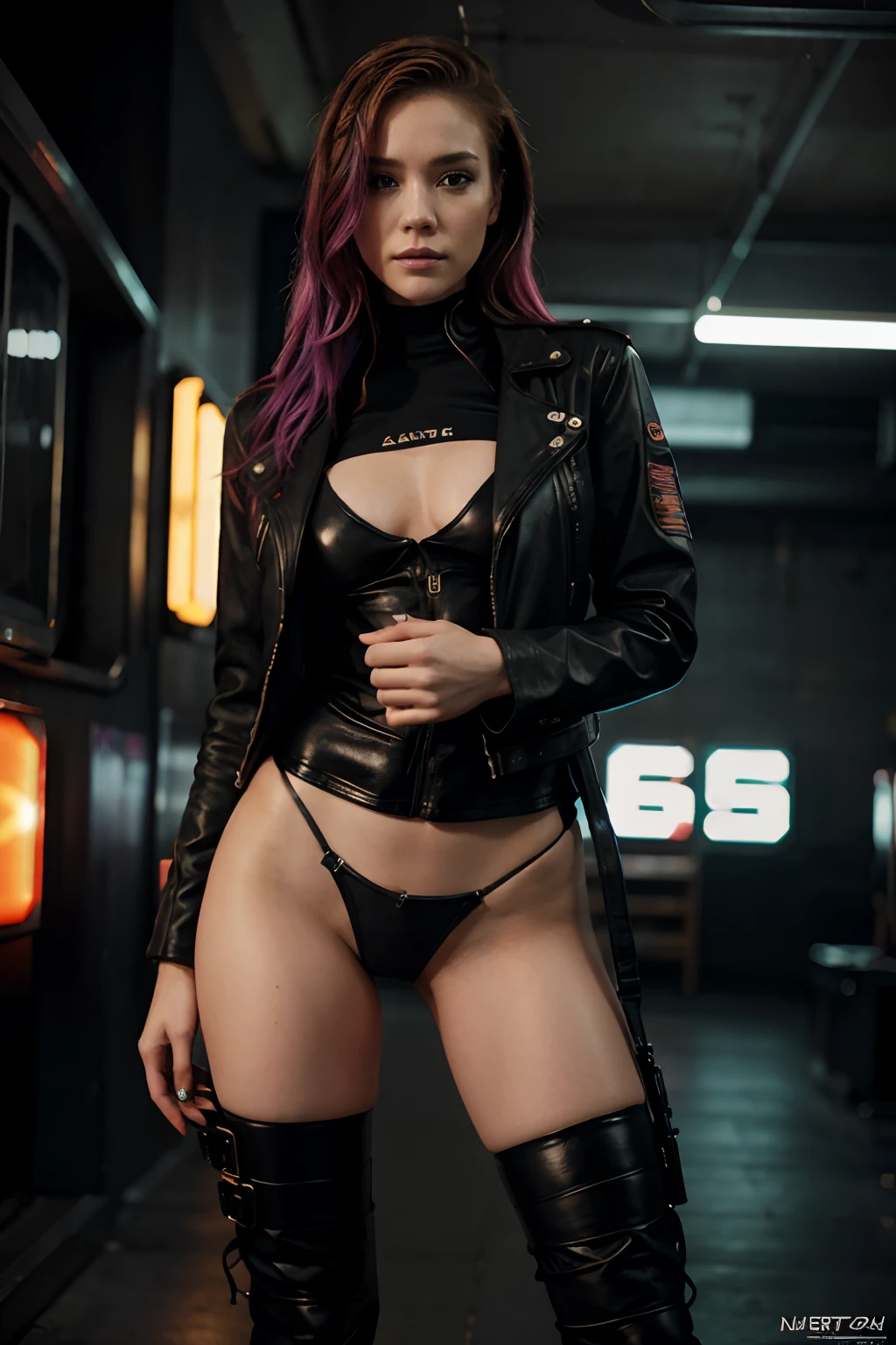 Hannah Hays looklike cyberpunk model, leather jacket, higheels