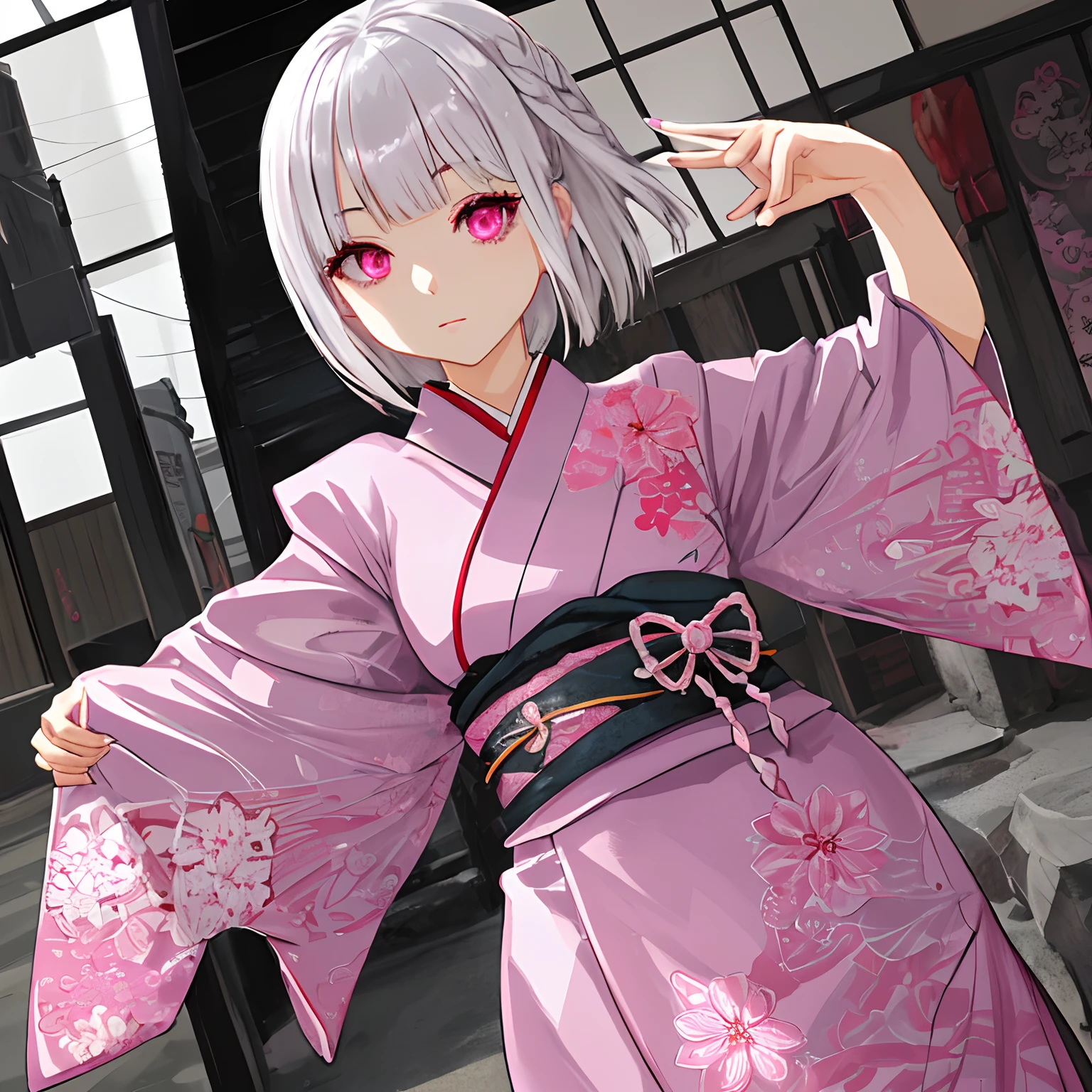 Silver Bob Hair　Pink eyes　Japanese dress