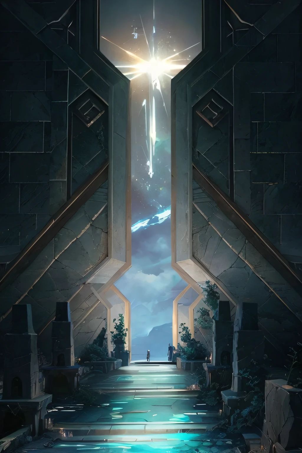 a close up of a building with a sky background and a star in the sky, silvain sarrailh, portal to another world, symmetrical epic fantasy art, symmetric concept art, mystical sci-fi concept art, concept art for a video game, the entrance of valhalla, dramatic concept art, concept arts, ornate borders + concept art, surreal concept art