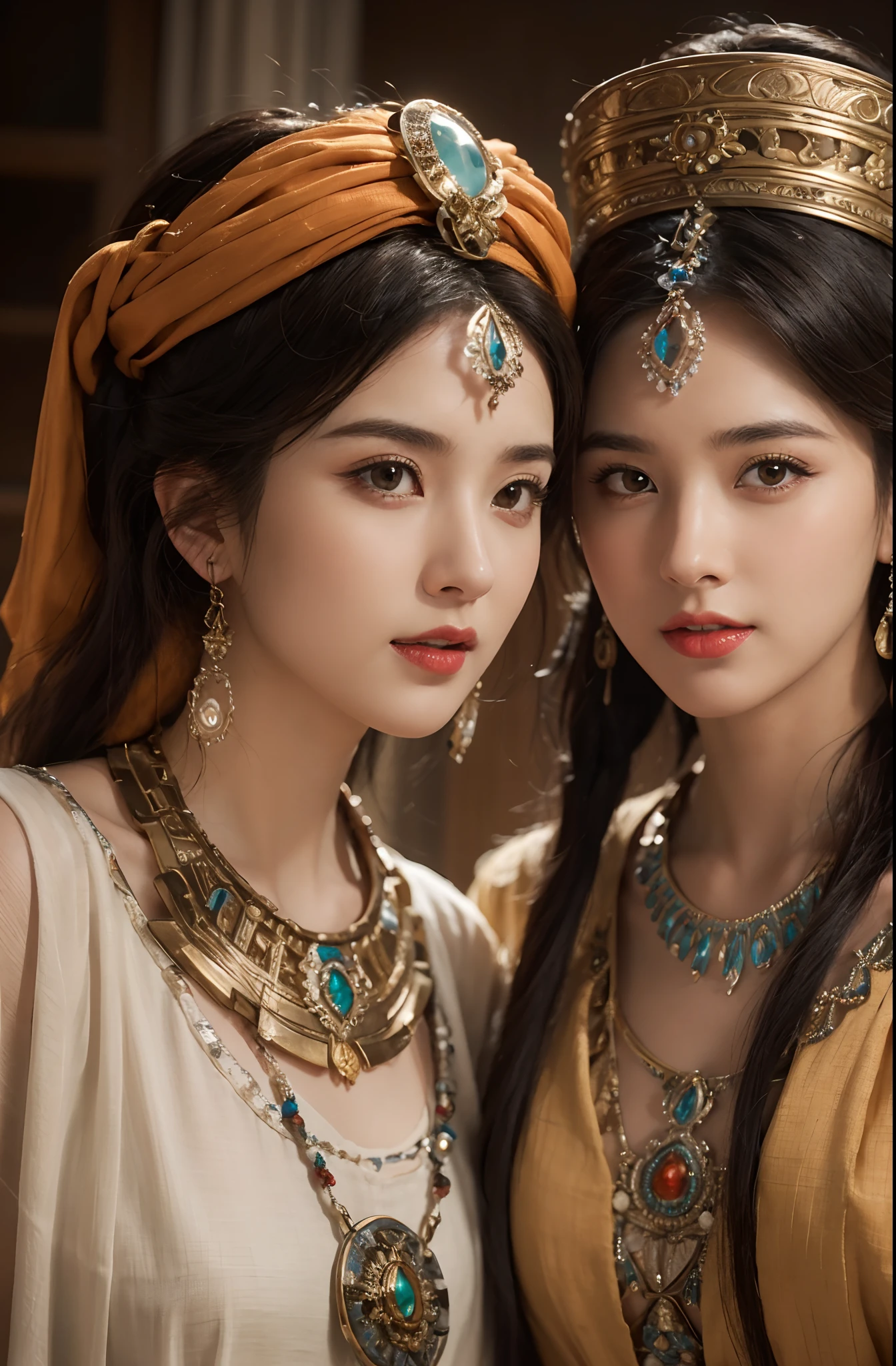 The proportions are the same for all races, All faces and pictures must be different,high quality, ultra-realistic, closeup portrait of two Beautiful women of ancient Mesopotamia, full body, ancient Mesopotamian civilization, Babylonia, Uruk, tunics of various lengths, linen garments, agate necklaces, paisley clothing, Kaunakes, bronze ware, a little smile, high adobe walls, luminism, 3d render, octane render, cinematic, Isometric, awesome full color, 8K Ultra HD, by yukisakura, high detailed,