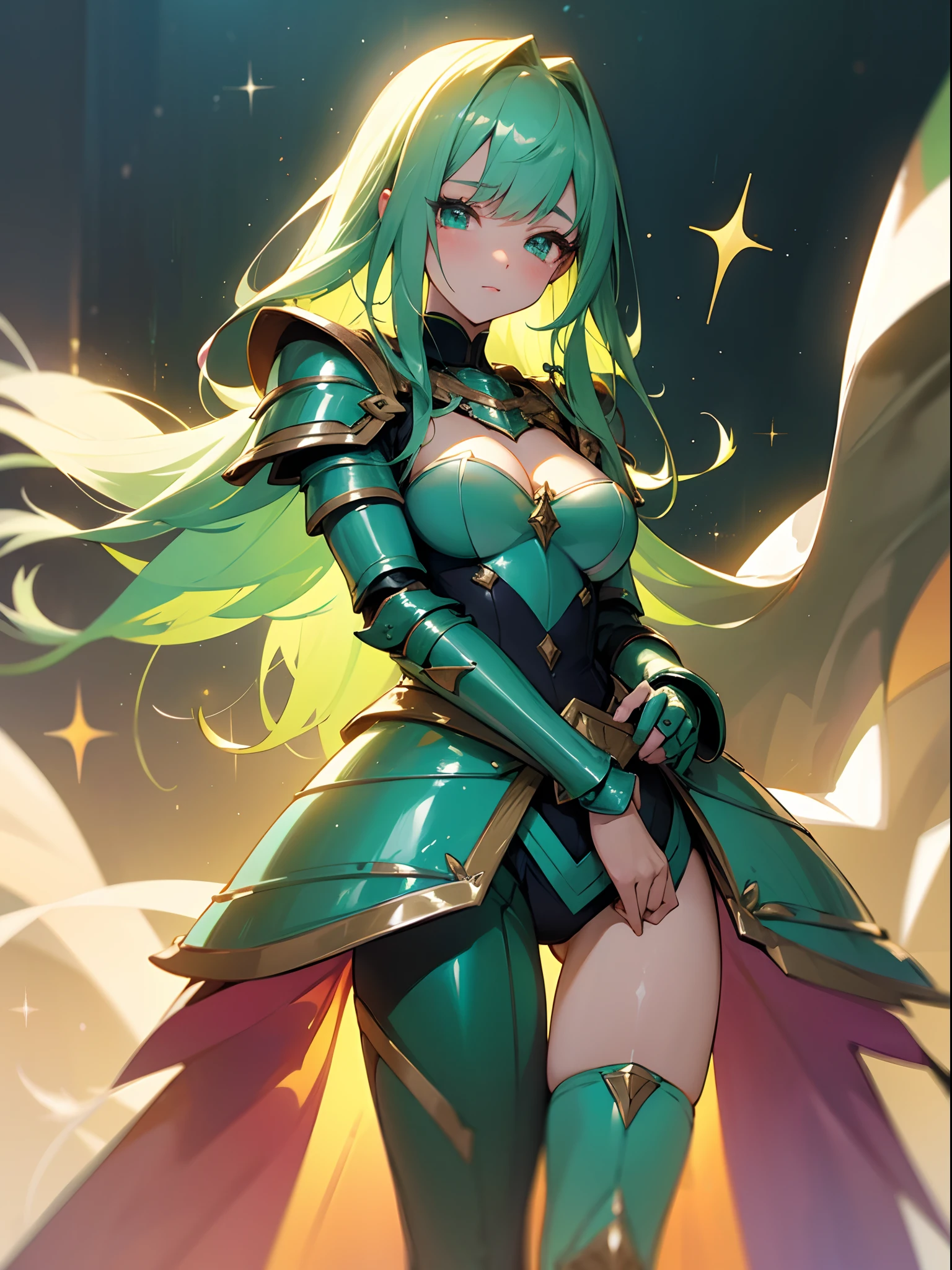 digital art, very soft and cute style, an anime girl, pretty face, pretty hair, (super glittery hair), green hair, shining eyes, looks alluring and very confident, wearing fancy armor, sexy armor, (super glittery), (colorful), grand accessories, (very glittery), quite sexy, standing, omit ugly hands, body shot, forest background, very soft and cozy atmospheres
