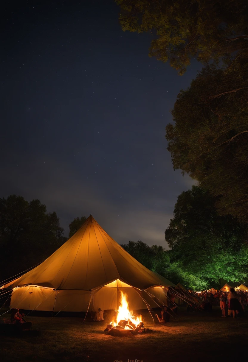 many tent, many boy and girl scouts is playing, some lawns, a stage, many trees, a spreading fire.I see there on sky