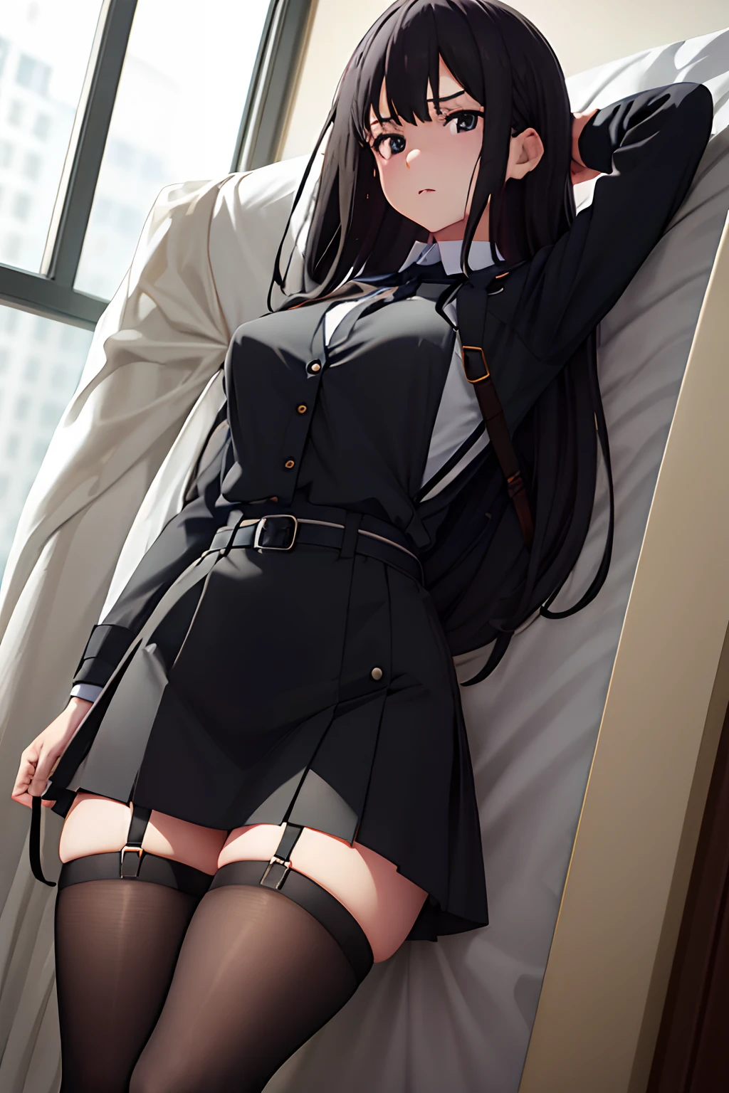 Suit,Collared shirt,Belt bag,Suspenders Black Miniskirt　garterbelts　knee high　Stockings　Black Niso　Colorcon armpit sweat　perspiring　Side of both hands,Black jacket,Gaze,ample bosom,Armpit sweat,Exposing the armpits"Tight clothes、Raise your hands、wristbands　Lying in bed　　　Behind the back