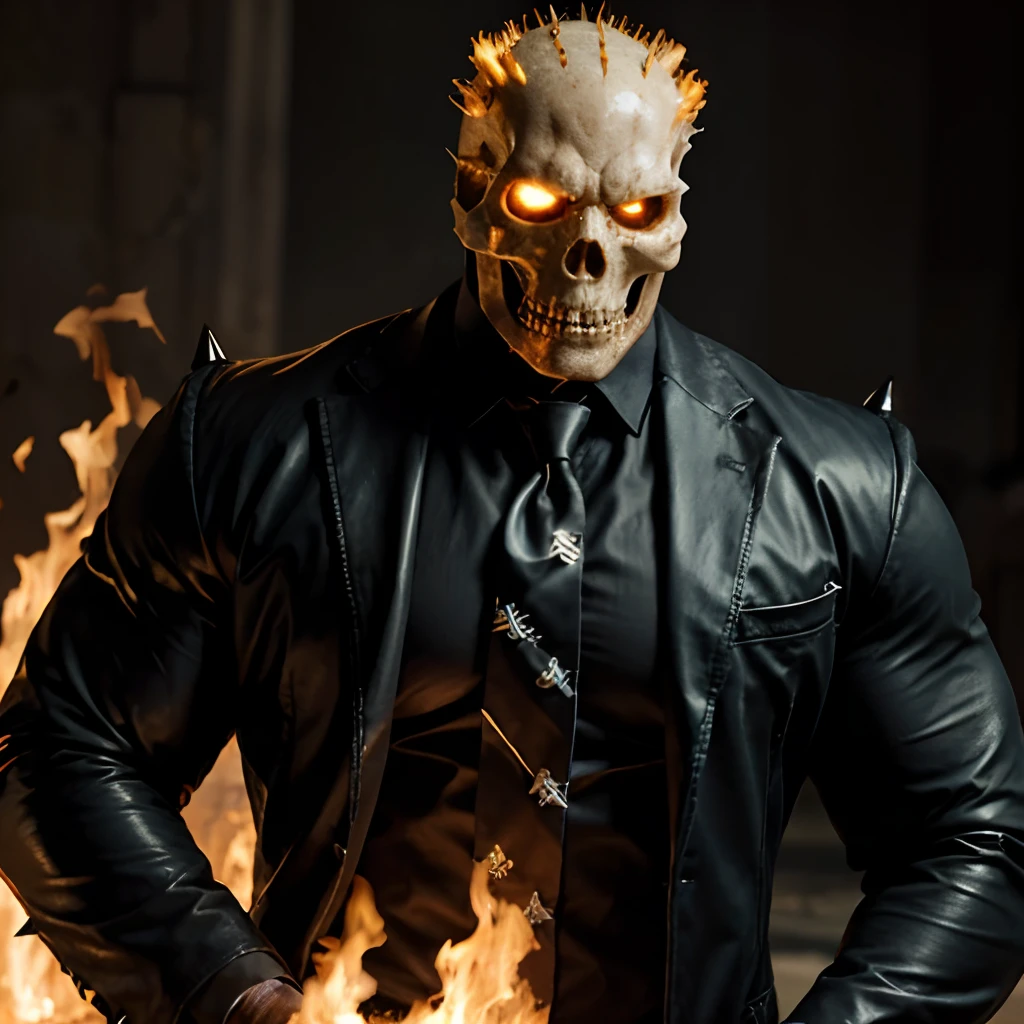 Ghost rider , muscled with huge pecs , hugge torso , huge arms , with a skull head like  with fire , in suit with a tie ans spikes