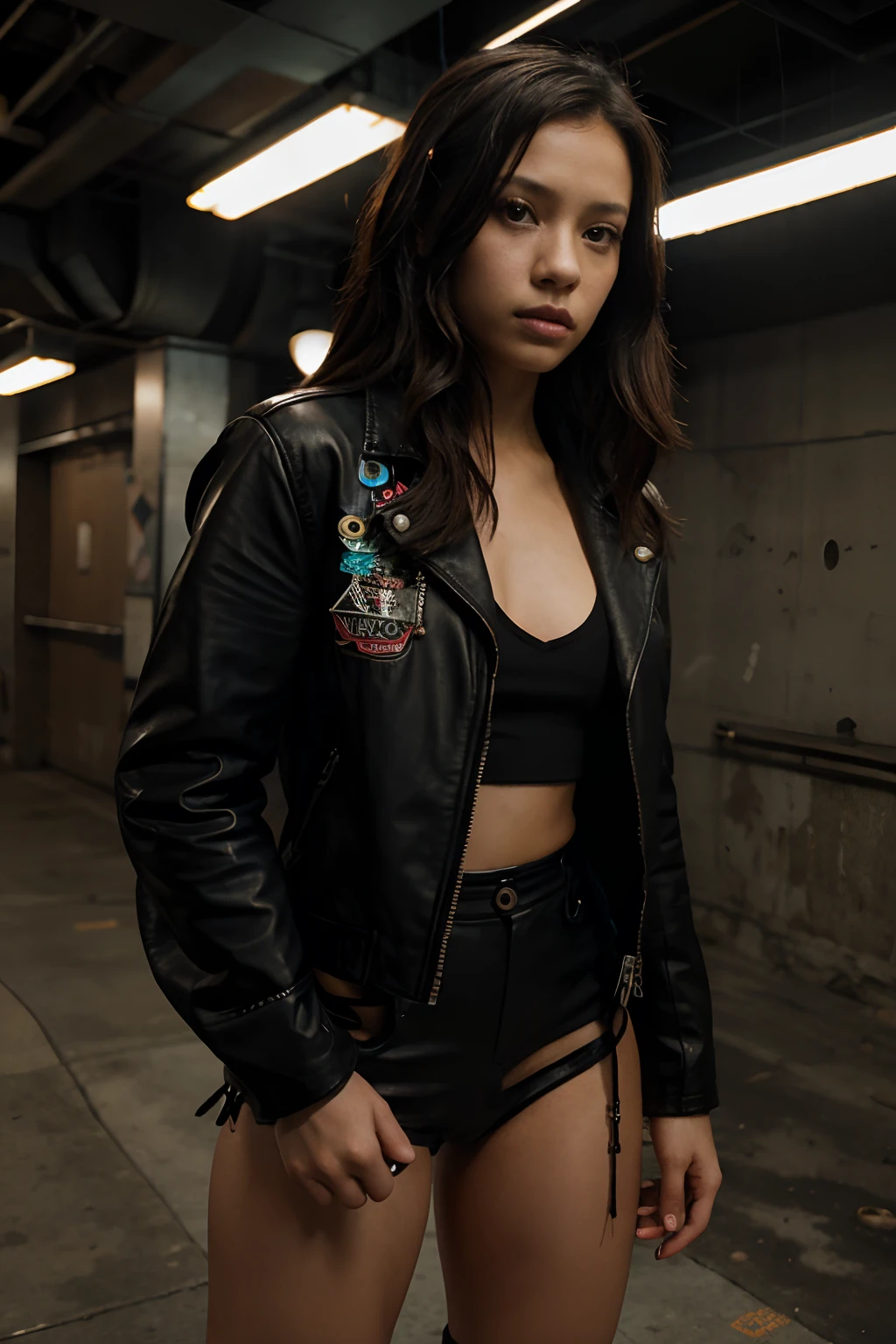 Jenna Ortega at the age of 19 as Terminator T 800 model 101, leather jacket ,aviator sunglasses, Shotgun in hand,HDR,8k render,still from the film, photorealism,style of the film Terminator,Cybernetic organism, metami prominent exoskeleton, bullet-riddled clothing and flesh, burnt, cyborg killer extra realism, 