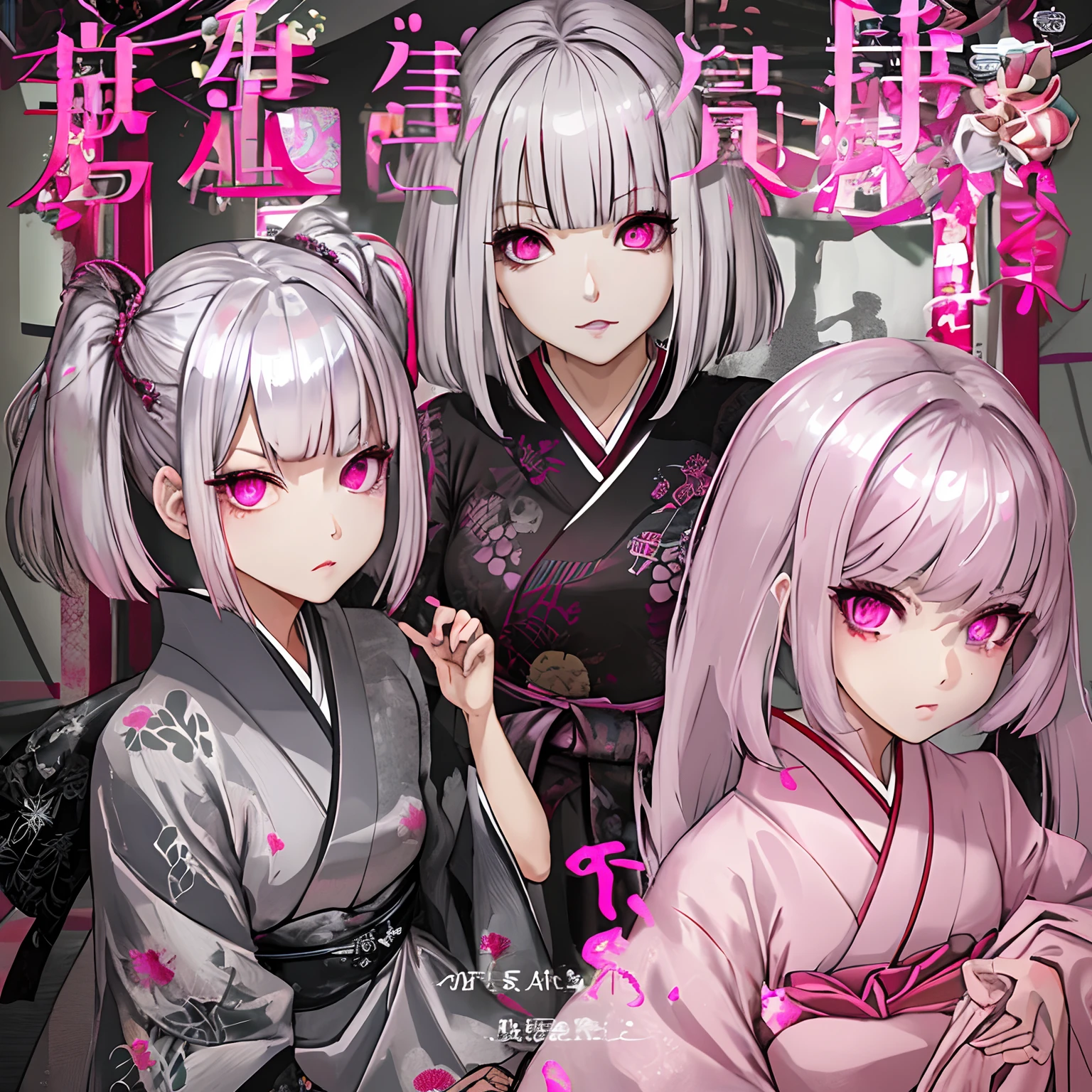 Silver Bob Hair Pink eyes Japanese dress