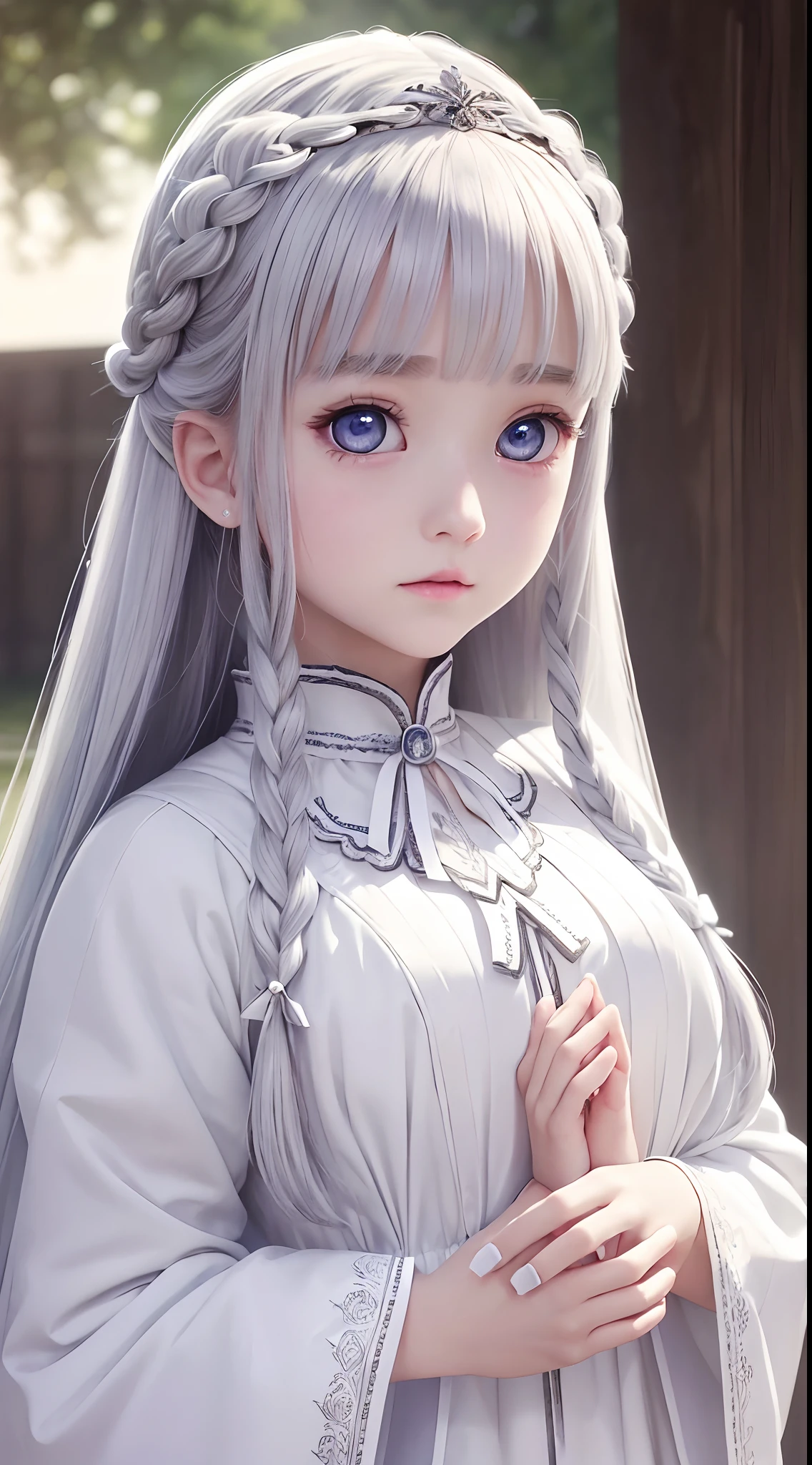 The girl has very white skin and beautiful、Wearing a white national costume、I wear a lot of fancy accessories、Gray hair braid、Big beautiful eyes、Beautiful white silver eyes、Three-dimensional anime girl、Big eyes like anime、She looks up at the sky and prays