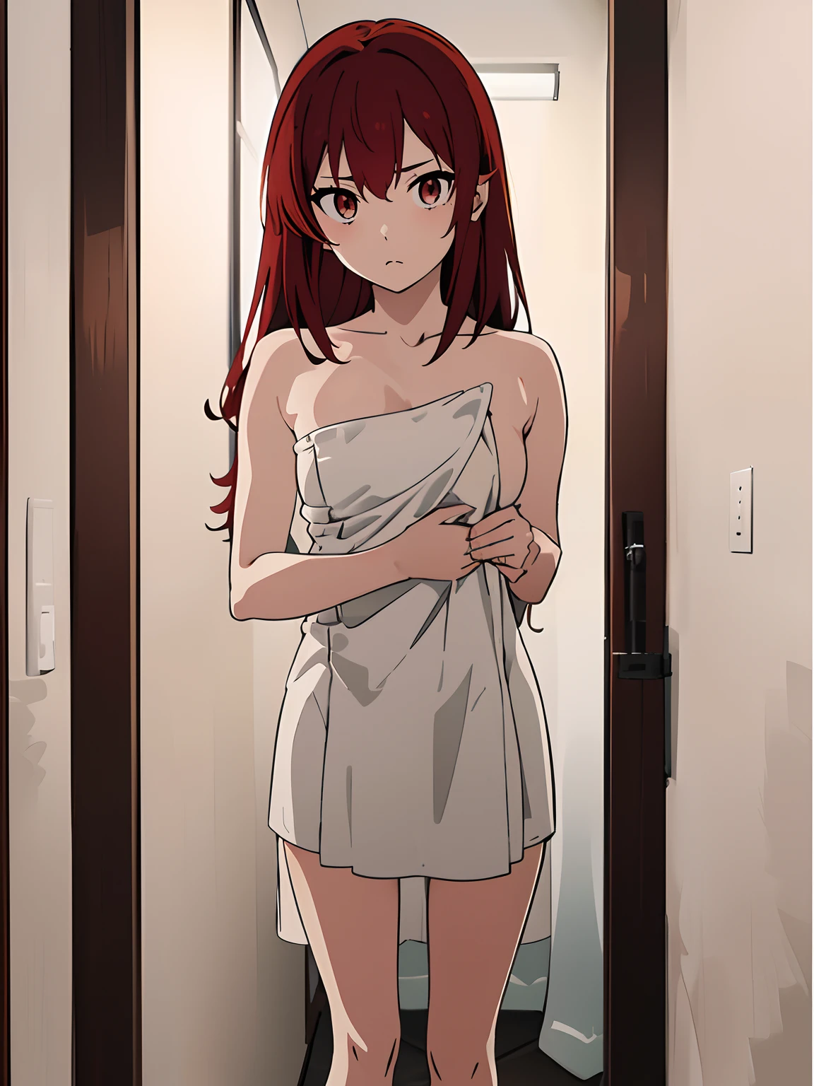 1girl ((standing)), ((red hair)), ((covering crotch with a small white furoshiki towel)), 18 years old, (view of body from knees to above head), (()), ((close to viewer)), ((mature)), (medium breasts)