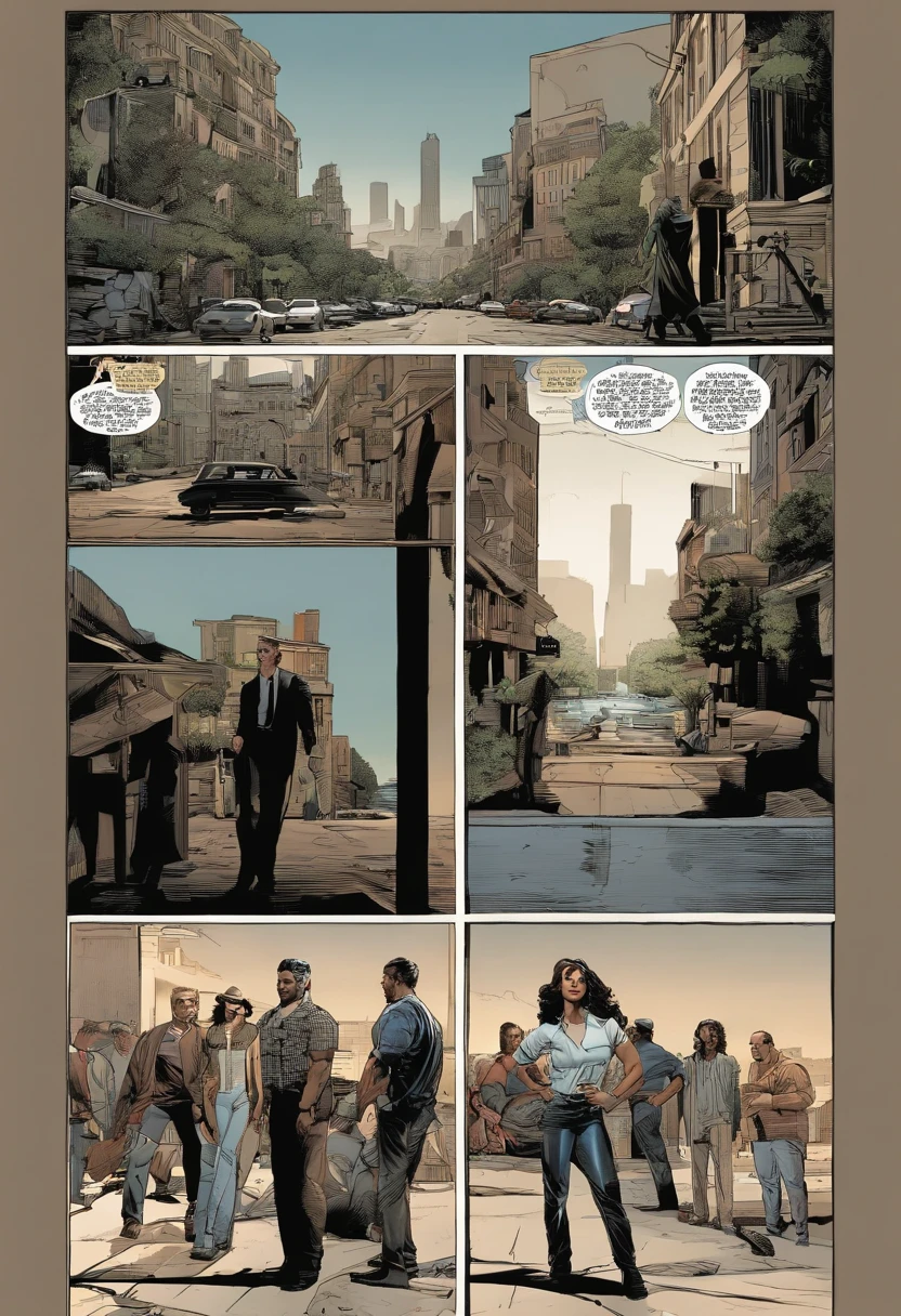 Comics, polymode style, comic style, comic book page with panels about supernatural comics with, dialogue of embittered man and girl em investigação criminal, em uma cidade brasileira, comic book style, hyper-detailed, art station trends, octane rendering , cinematic lighting , cell shading, flat color, modular constructivism, pop surrealism, full body, perspective, art by Mike Deodato Jr., David Finch, Riccardo Federici, Olivier Coipel
