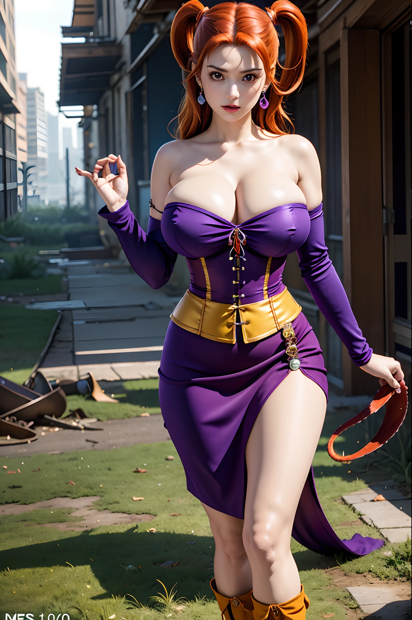 (masutepiece:1.1, Best Quality:1.1, 32K HDR, High resolution), (Photorealistic, Jessica Albert, 1girl in, Twin-tailed, Jewelry, earrings, Dress, Purple_Shirt, Red_hair, orange_hair, Bare_shoulders, long_hair, Yellow corset, Red skirt, Strapless, lay down, Open legs), (Sex with tentacle monsters:1.3, Insert tentacles into her :1.3, Huge breasts:1.3, Colossal tits:1.3, Huge boobs:1.3, In an abandoned building:1.15), hyperdetailed face, ultra detailed texture,