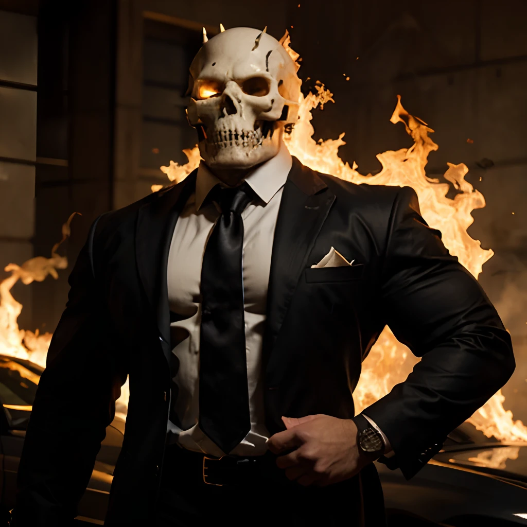 Ghost rider , muscled with huge pecs , hugge torso , huge arms , with a skull head like with fire , in suit with a tie ans spikes