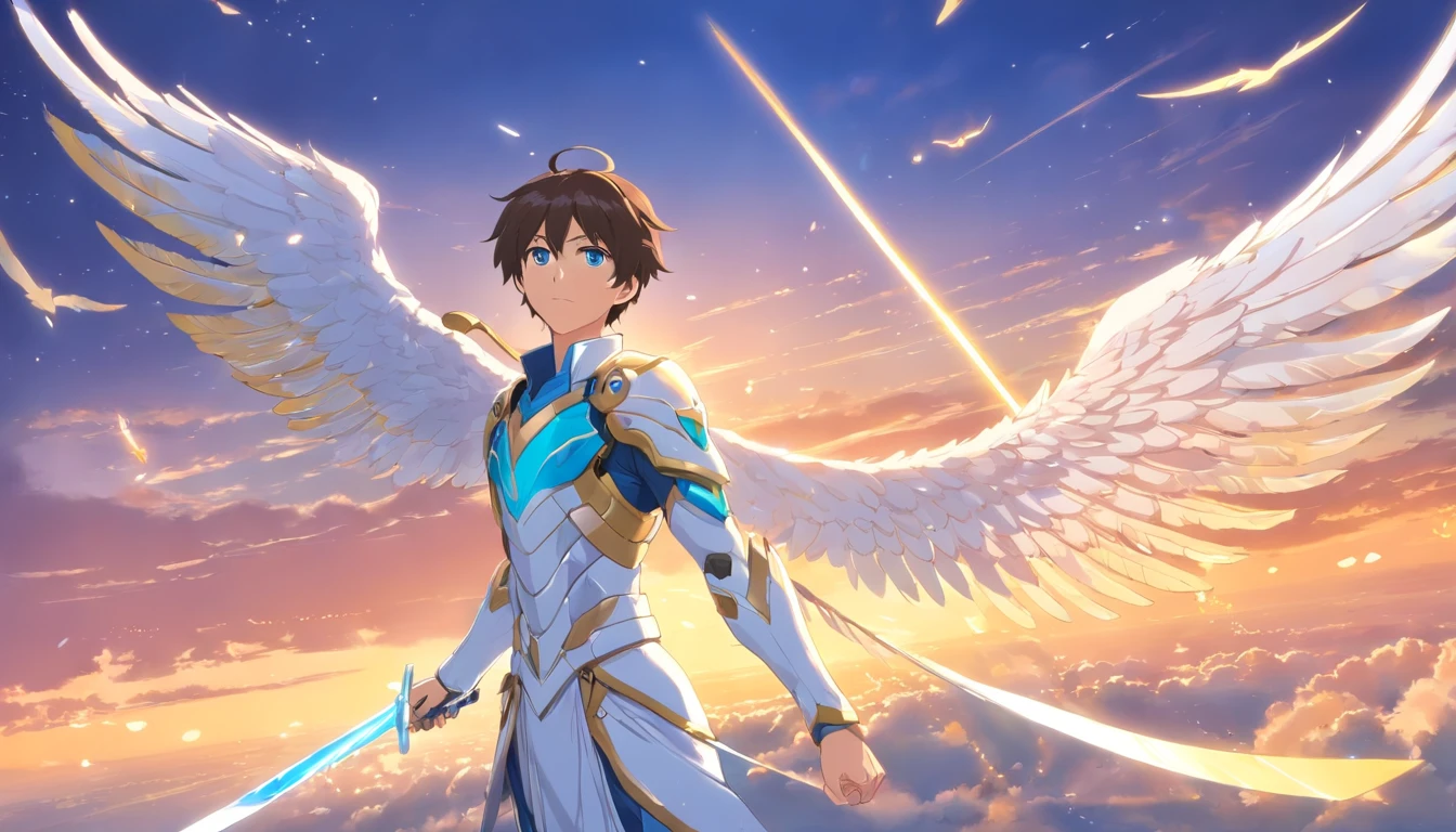 Homem de dezoito anos, meio anjo com longos cabelos brancos, blue eyes and white armor with gold accents and he will have two pairs of wings