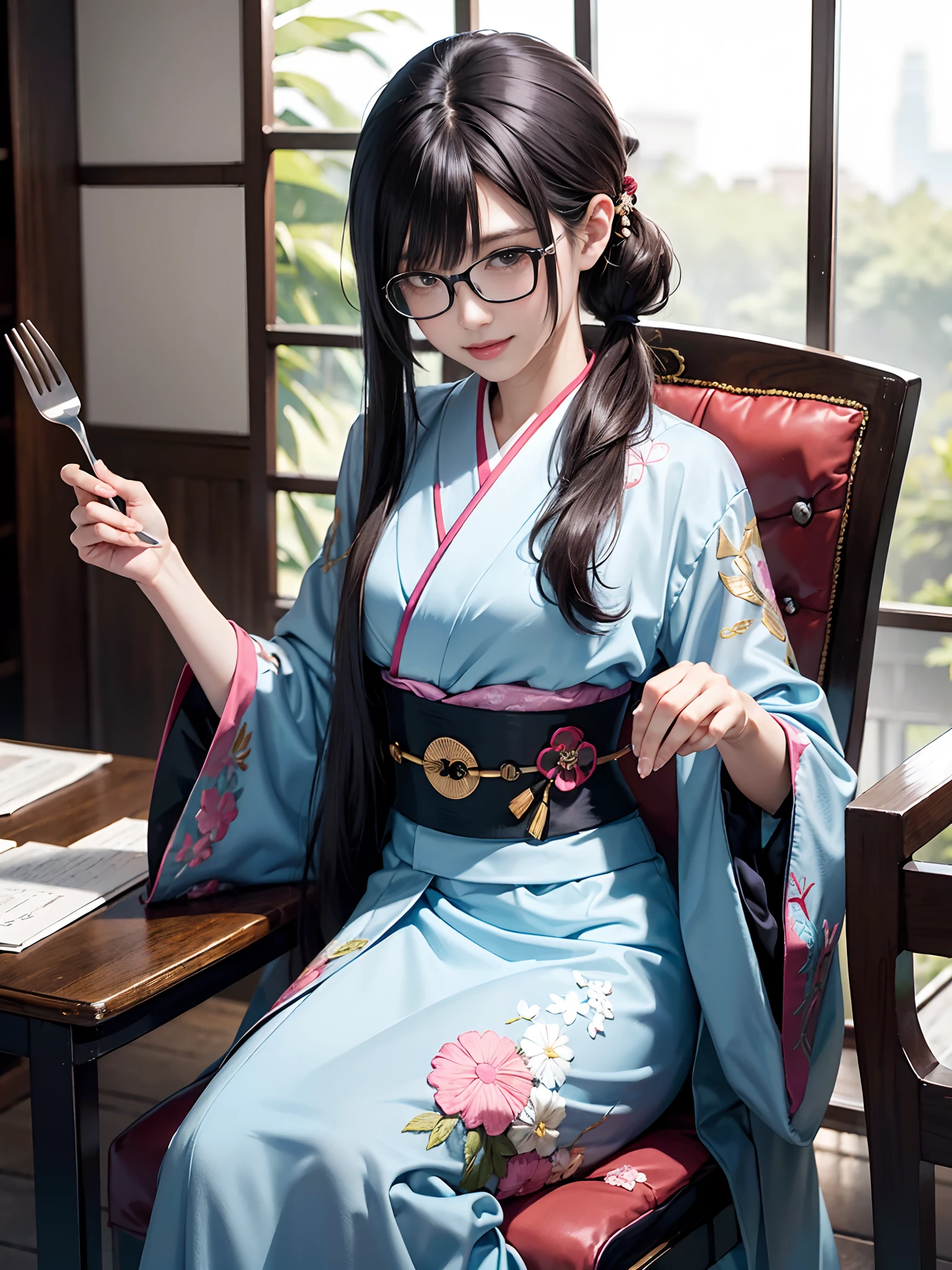 (rokoko:1.5),Background of details(Breaking the chair:1.5),BREAK ,elaborate costume(Luxury kimono(Colorful kimono(detailed embroidery()))),BREAK,(1 Beautiful and classy adult woman(Happy smile:1.2)(Japanese actressl:1.2)(glossy dark hair(poneyTail:1.2))),(eye glass(four corners:1.2)),(Have a fork),BREAK,Wallpapers 16K,Blur the background,(masutepiece:1.5),(Best Quality:1.5),(Portrait photos:1.5),From  above