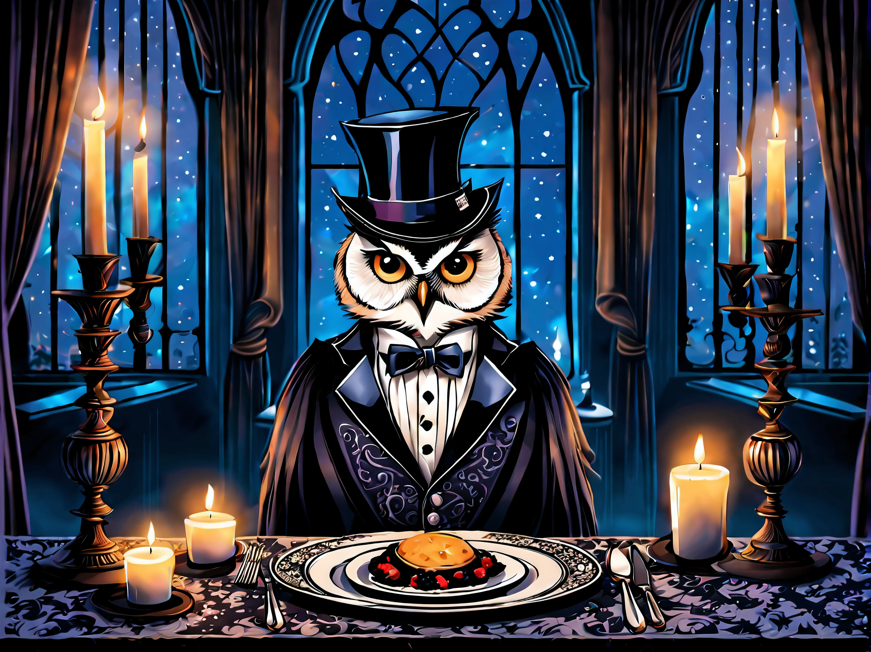 Dressed animals - (solo:1.3) straight shot of an aristocratic owl with a hat and a tuxedo, gothic mansion dinner, (exotic food), candles, dimly lit, starry (night) behind the windows with intricate gothic ornate, curtains, professional illustration