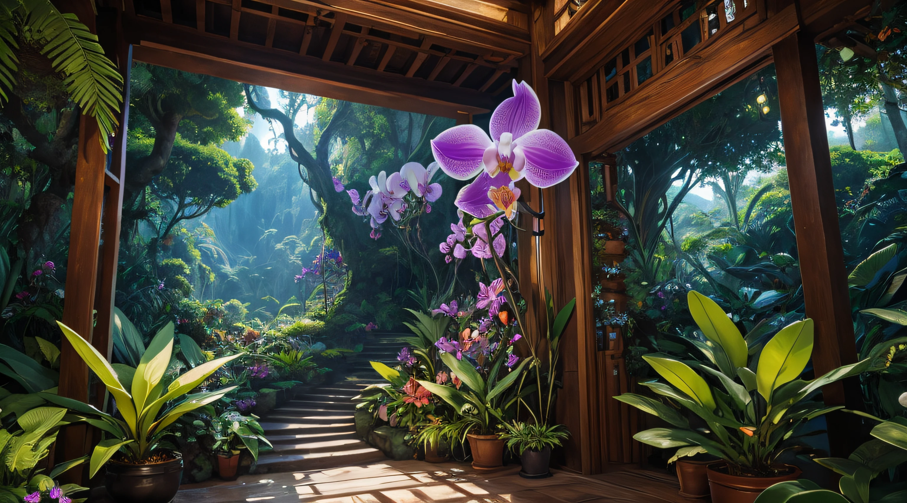 huge beautiful flower plant alien androgynous, bestial, universe, kundalini, sun, orchid orange groot skin, alien body, bestial, bestial, galaxy orchid, ancient source energy, energy dissipation, roots, tropical forest, montain, daylight, beautiiful trees, spiral, beautiful view of the treetops, orchid garden, orchid, orchid, huge orchid, sci-fi