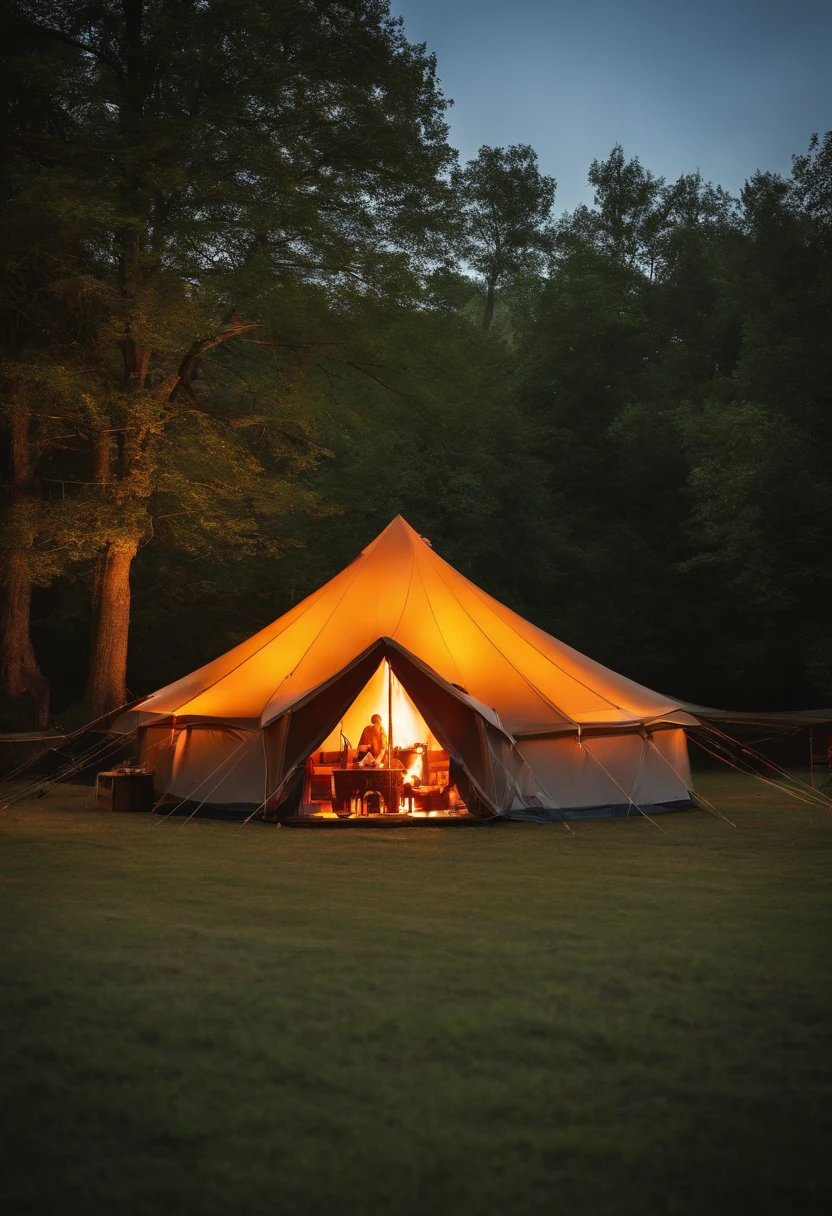 many tent, many boy and girl scouts is playing, some lawns, a stage, many trees, a spreading fire. I am on the sky and see there