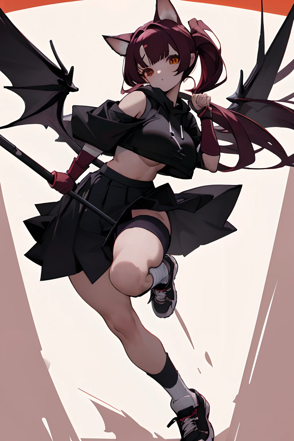 Dog ears，Bigboobs，cropped shoulders，knee length socks，pleatedskirt，athletic sneakers，hoody，Stand up，（（middle parted hairstyle））,succubi，The demons，Devil wings