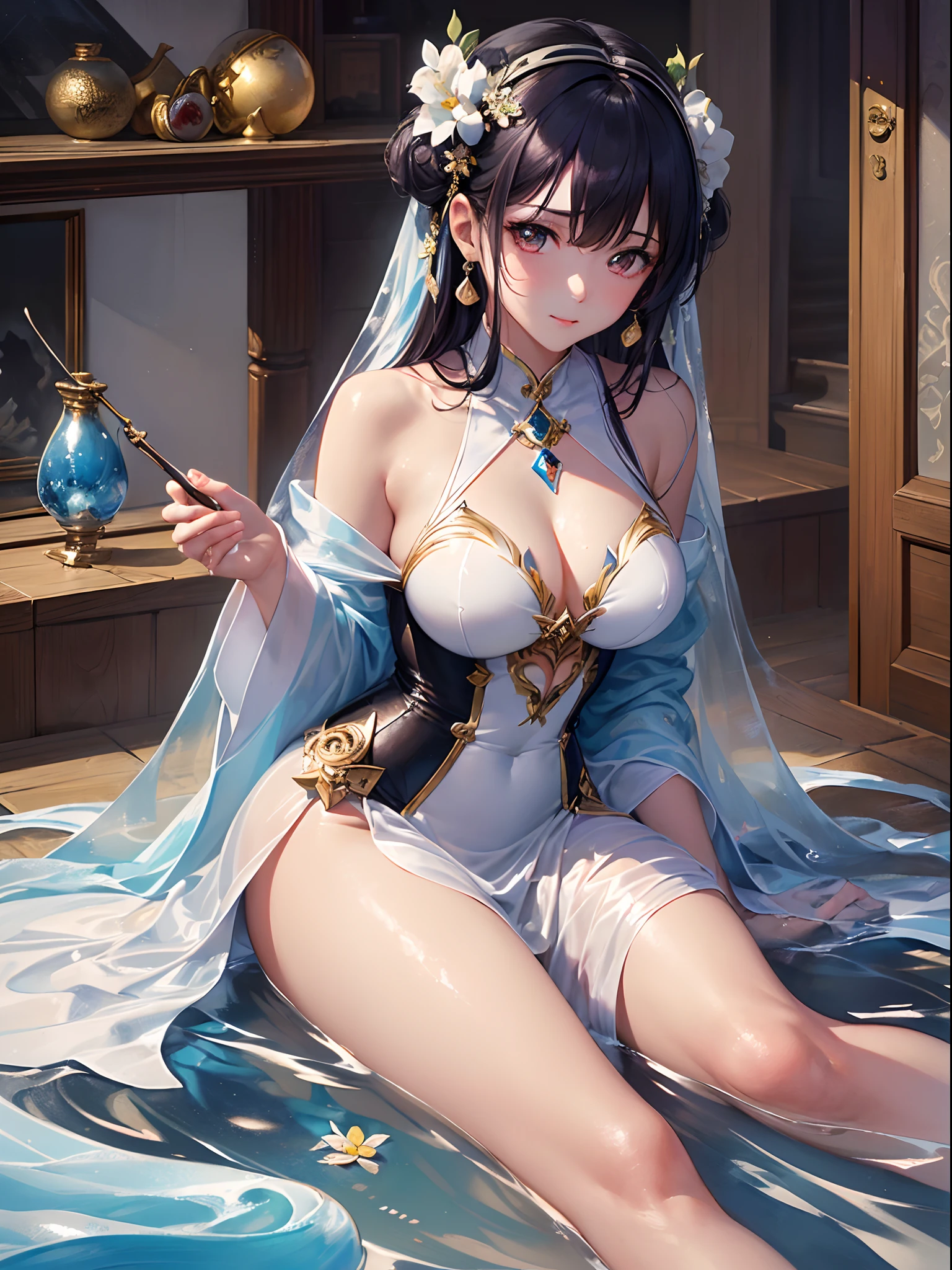 ((Finest quality)),(超A high resolution),(ultra-detailliert),(Meticulous portrayal),((best pictures)),(Finest works of art),Ultra-Precision Art,The art of astounding depiction,ink and watercolor painting:1.6 Shining Flame,Shimmering ice,(1人の女性:1.5),