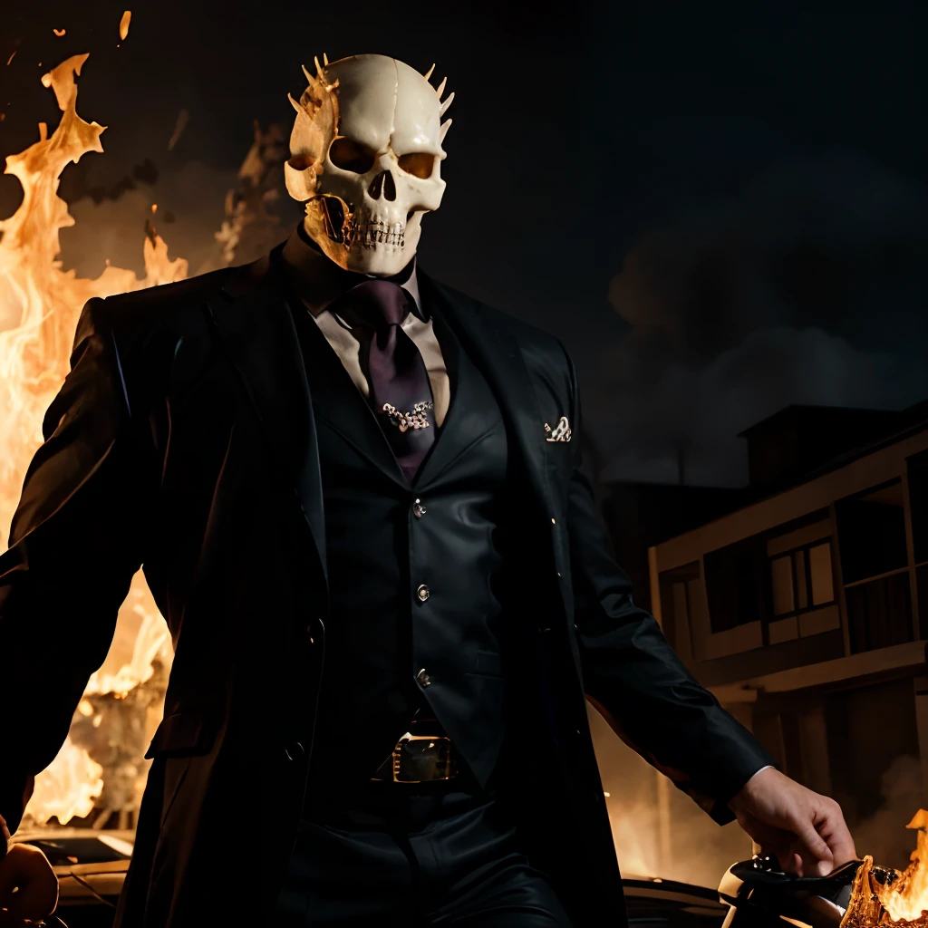 Ghost rider , muscled with huge pecs , hugge torso , huge arms , with a skull head like with fire , in suit with a tie ans spikes