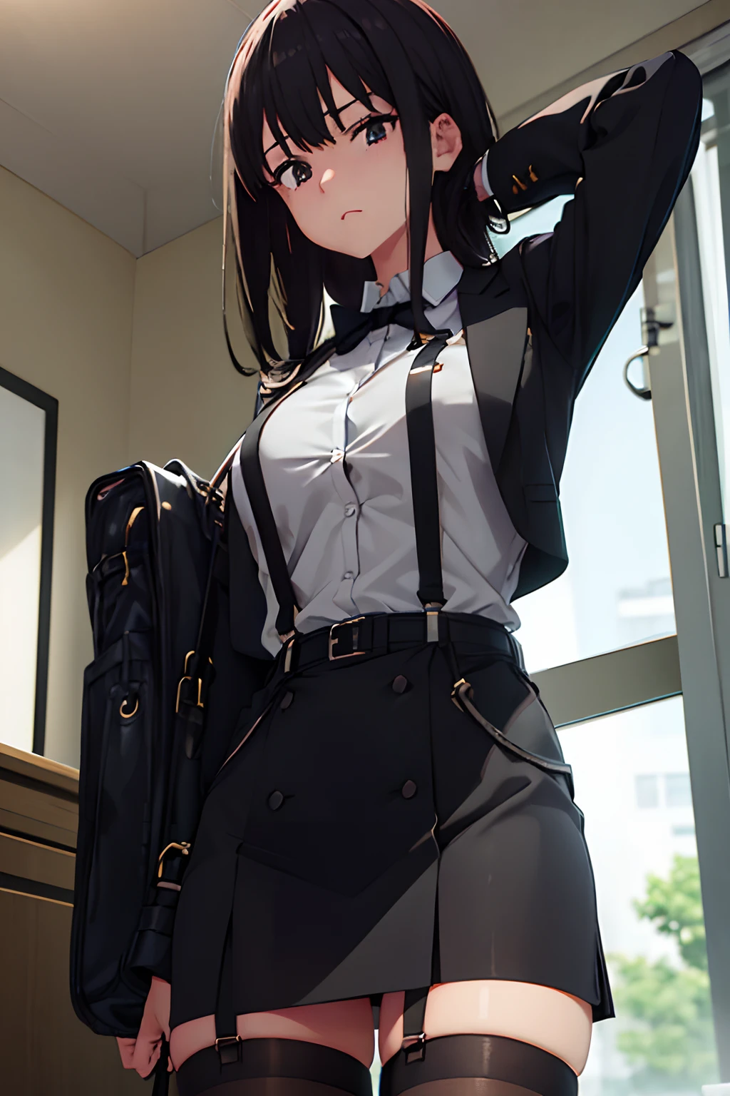 Suit,Collared shirt,Belt bag,Suspenders Black Miniskirt garterbelts knee high Stockings Black Niso Colorcon armpit sweat perspiring Side of both hands,Black jacket,Gaze,ample bosom,Armpit sweat,Exposing the armpits"Tight clothes、Raise your hands、wristbands Lying in bed Behind the back