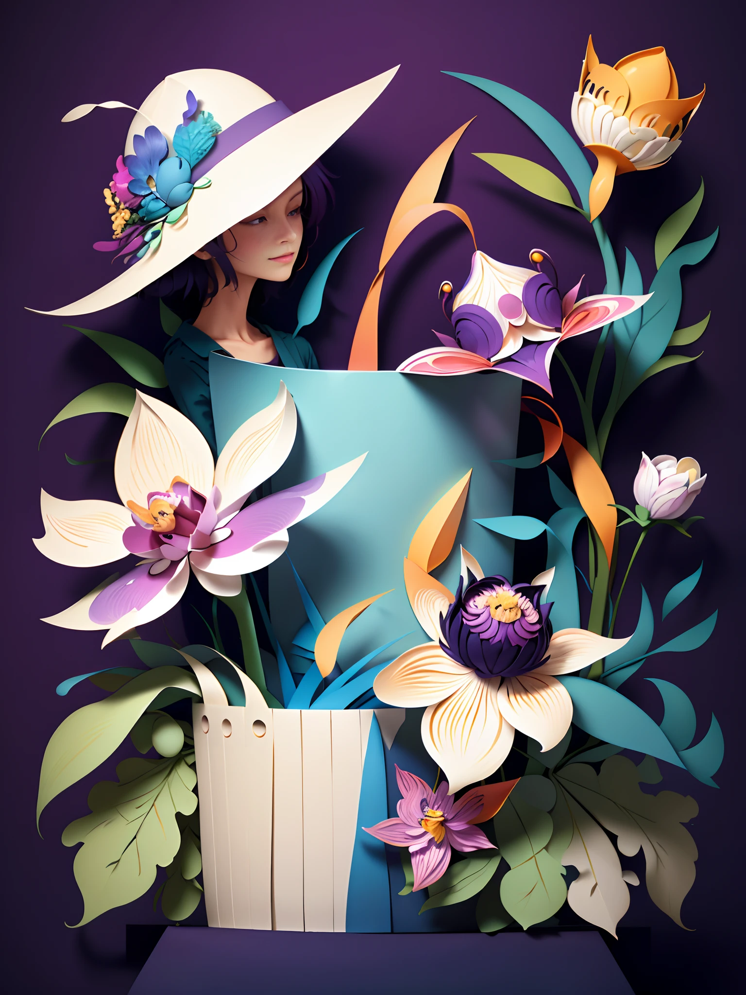 （（（tmasterpiece））），best qualtiy，illustratio，orchid，2 women，1 man，clothing rack，carryng bag，bucket-hat，Paper_cut，Bright color scheme, Soft light，(warm color:1.2),watercolor paiting, Light background, best quality exquisite details, 3D rendering of, rendering by octane, Pastel, Paper_cut, Gradient color matching from indigo to purple