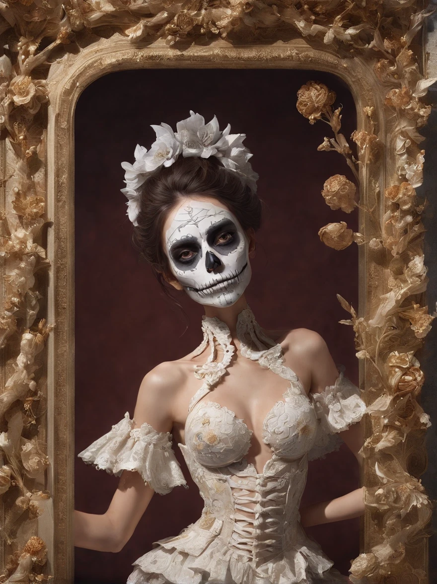 movie poster of Skeletons stand together in flowers and rococo-style costumes, intricate skeleton decorations, made of dried flowers, Holy Skeleton Queen, honed Enna Skeleton Geisha, made of intricate skeletons, Victoria Day of the Dead, Hauntingly beautiful art, ((Day of the Dead) ), Katrina, (Skeleton perfectly blends with rococo costumes: 1.37), with blood red and gold in the background,character concept art,Photography,close-up photo,a beautiful painting by Clyfford Still,painted in traditional French art style,The picture is from Luc Besson's work,The picture is from Bradford Young's work,by Laurent Baheux,by David Bailey,Mysterious Atmosphere,Corona Render,octane render,Quixel Megascans Render,V-Ray,high detail,hyper quality,high resolution,hyperrealism,16K,Close-Up(CU),extreme close up,Split Lighting, --ar 3:4  --uplight  --style raw