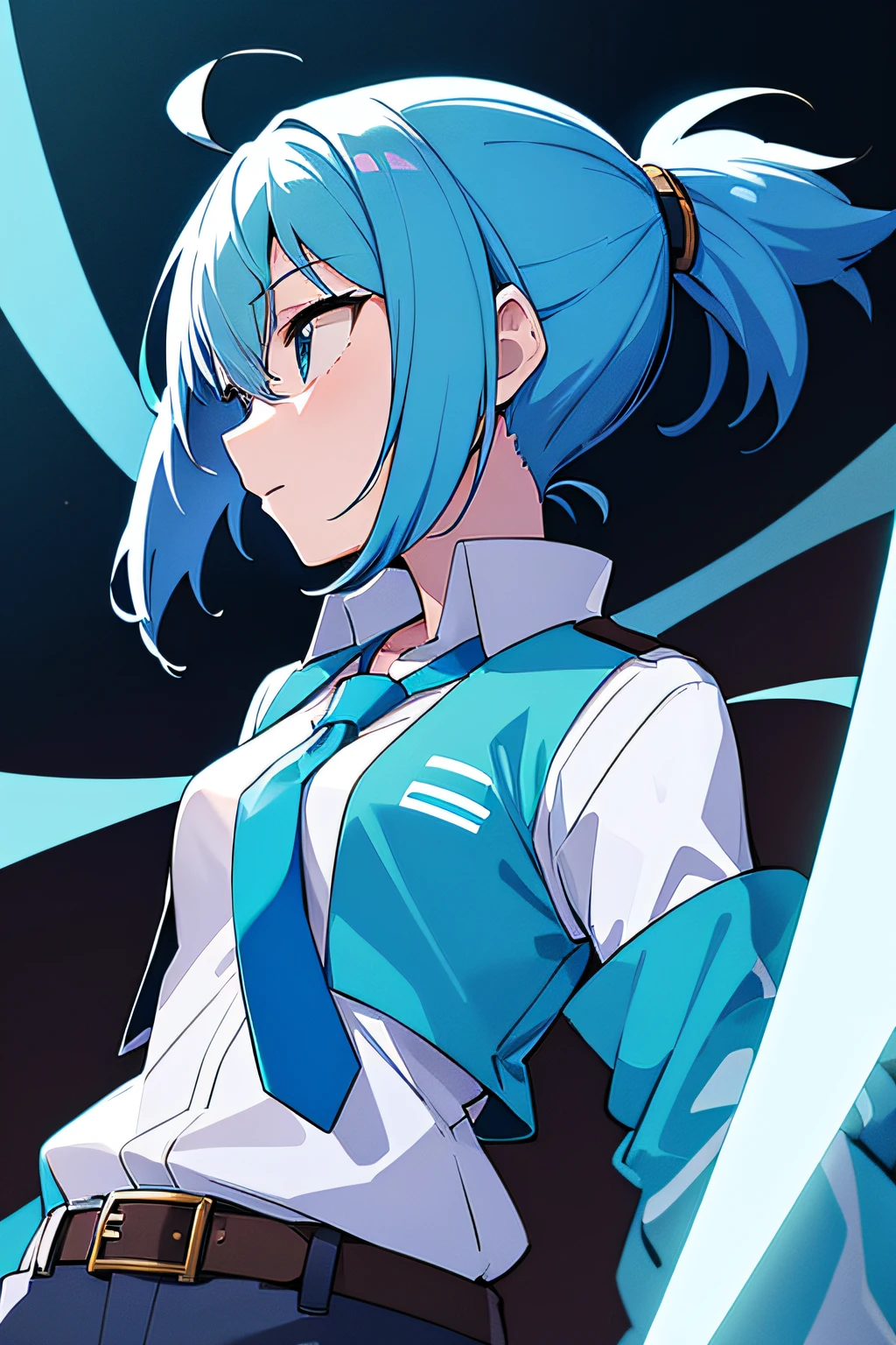 Drawing of a girl with blue hair and a blue jacket, rimuru, 2 d anime style, profile shot of rimuru tempest, rimuru tempest, 2 D Anime, Fubuki, full face shot of rimuru tempest, short hair, Anime girl with teal hair, 2d art, 2 d art, Ponytail Girl, Blue tie, White shirt, Indigo Jacket, Brown belt at waist..