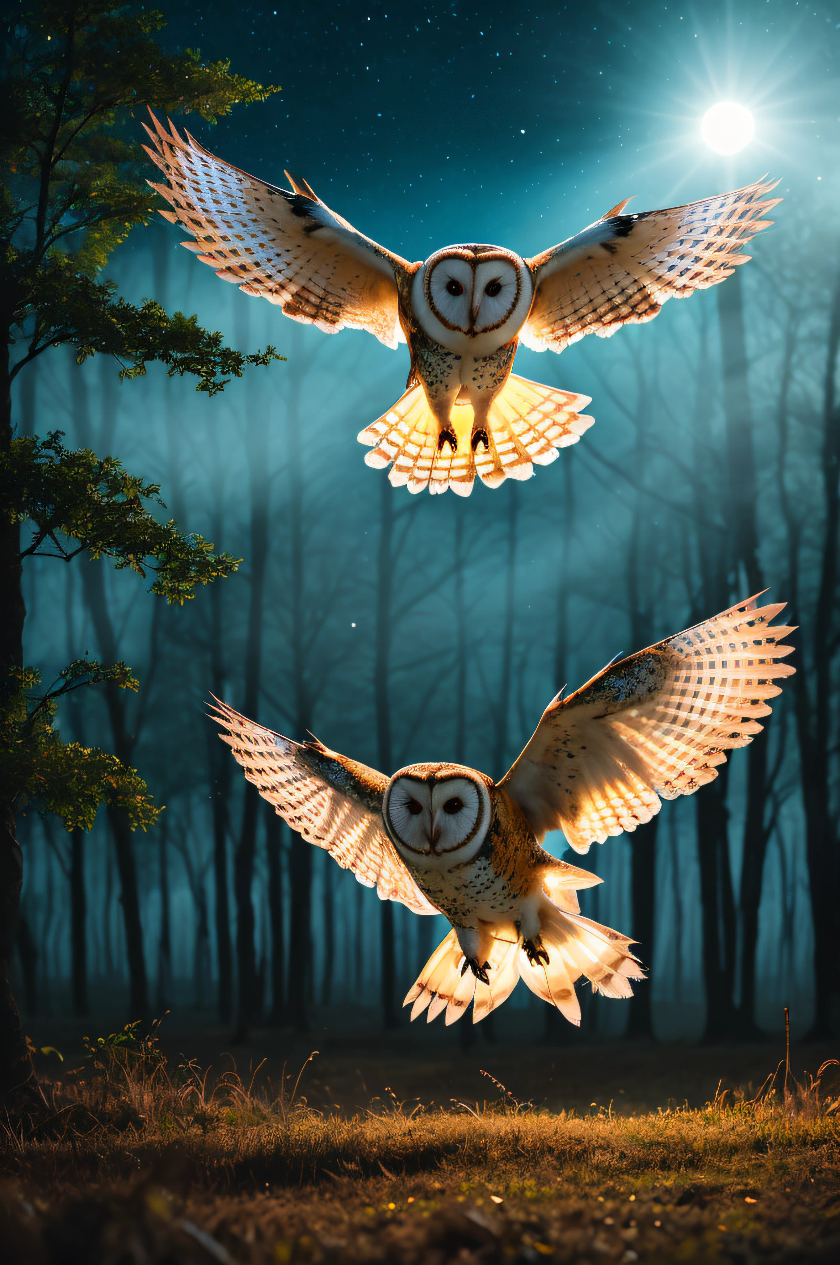 8k uhd, surreal, incredible barn owl leaping towards the camera in forest, wings spread, blue hour, Royalcore, volumetric lighting, digital cinematic color grading, natural lighting, cool shadows, warm highlights, soft focus, actor directed cinematography, Dolby vision, Roger Ballen, HDR, starry night, fog