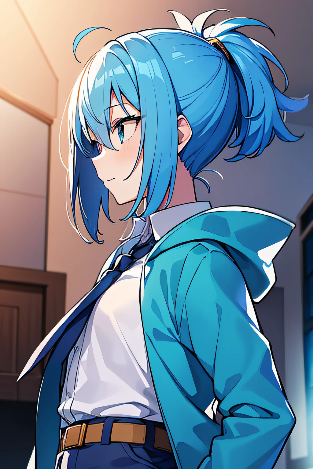 Drawing of a girl with blue hair and a blue jacket, rimuru, 2 d anime style, profile shot of rimuru tempest, rimuru tempest, 2 D Anime, Fubuki, full face shot of rimuru tempest, short hair, Anime girl with teal hair, 2d art, 2 d art, Ponytail Girl, Blue tie, White shirt, Indigo Jacket, Brown belt at waist..