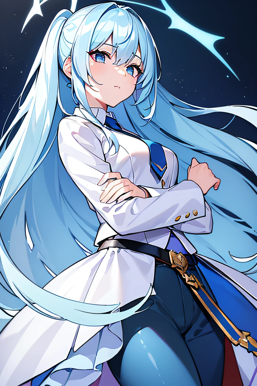 Modelshoot style, (the Extremely Detailed CG Unity 8K Wallpapers), Full shot body illustration of the most beautiful artwork in the world、Bright and saturated light blue hair、poneyTail、ember、Blue eyes on top and light blue on the bottom、Solid white shirt、Blue tie、Indigo jacket、The belt for trousers is brown, 2D art