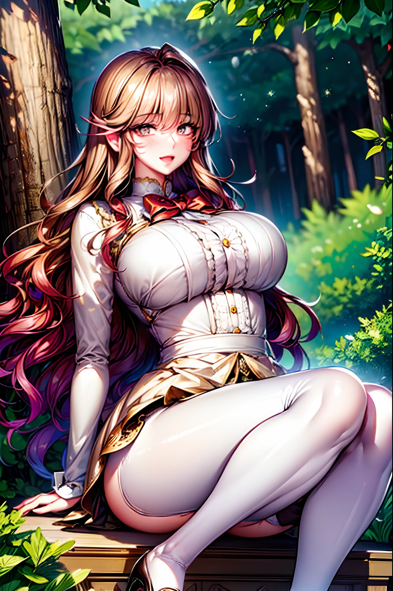 (shoujo-style), (romance manhwa), ((masterpiece,intricate details)),1girl,mature female,Curly hair,,brown eyes,:d,,
BREAK
sit on the stairs, put one's legs together,school uniform,white ((pantyhose)),high heels
BREAK
A mystical forest is adorned with ancient, towering trees, their gnarled branches creating a mesmerizing canopy that filters sunlight into a dappled, enchanting world below.,,,from below:,,depth of field,looking at viewer,