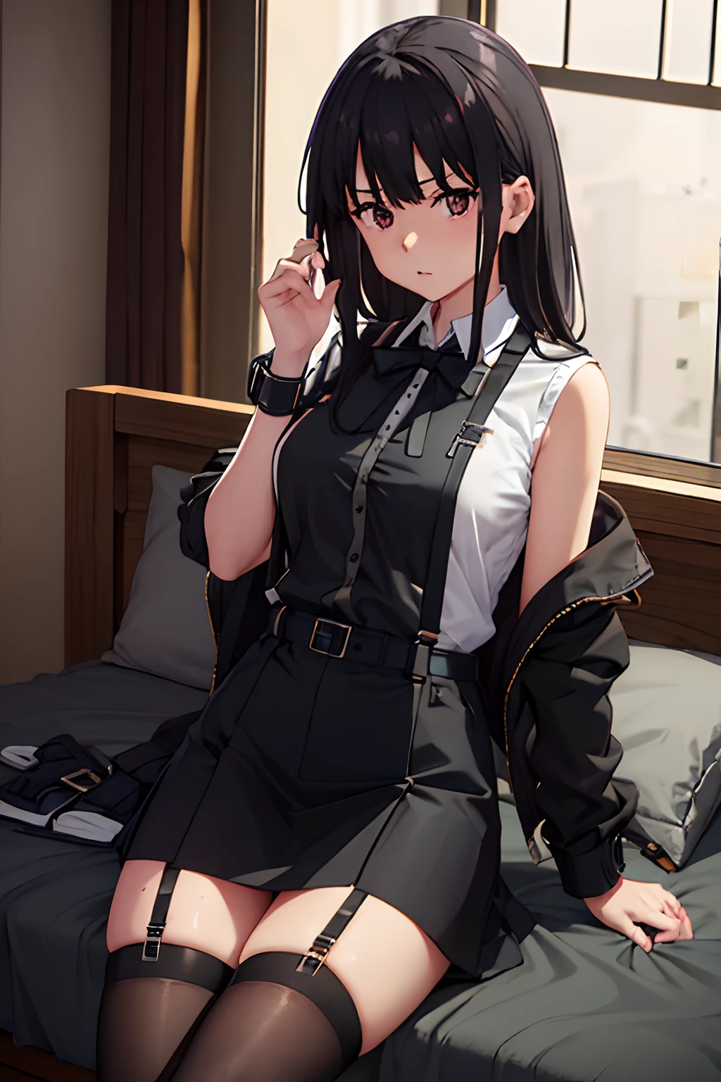 Suit,Collared shirt,Belt bag,Suspenders Black Miniskirt garterbelts knee high Stockings Black Niso Colorcon armpit sweat perspiring Side of both hands,Black jacket,Gaze,ample bosom,Armpit sweat,Exposing the armpits"Tight clothes、Raise your hands、wristbands Lying in bed Behind the back closing eye condoms