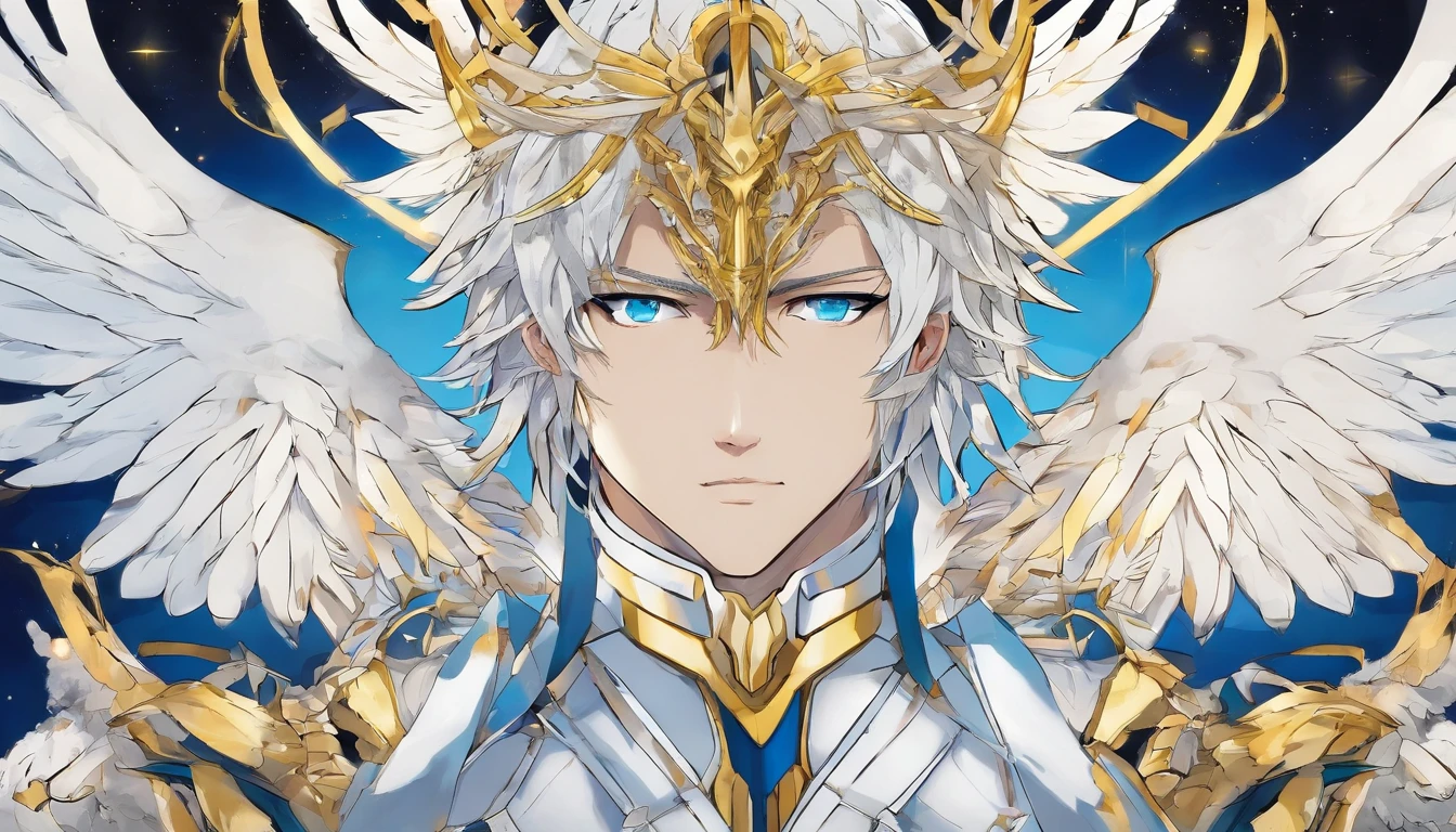 Homem de dezoito anos, meio anjo com longos cabelos brancos, blue eyes and white armor with gold accents and he will have two pairs of wings