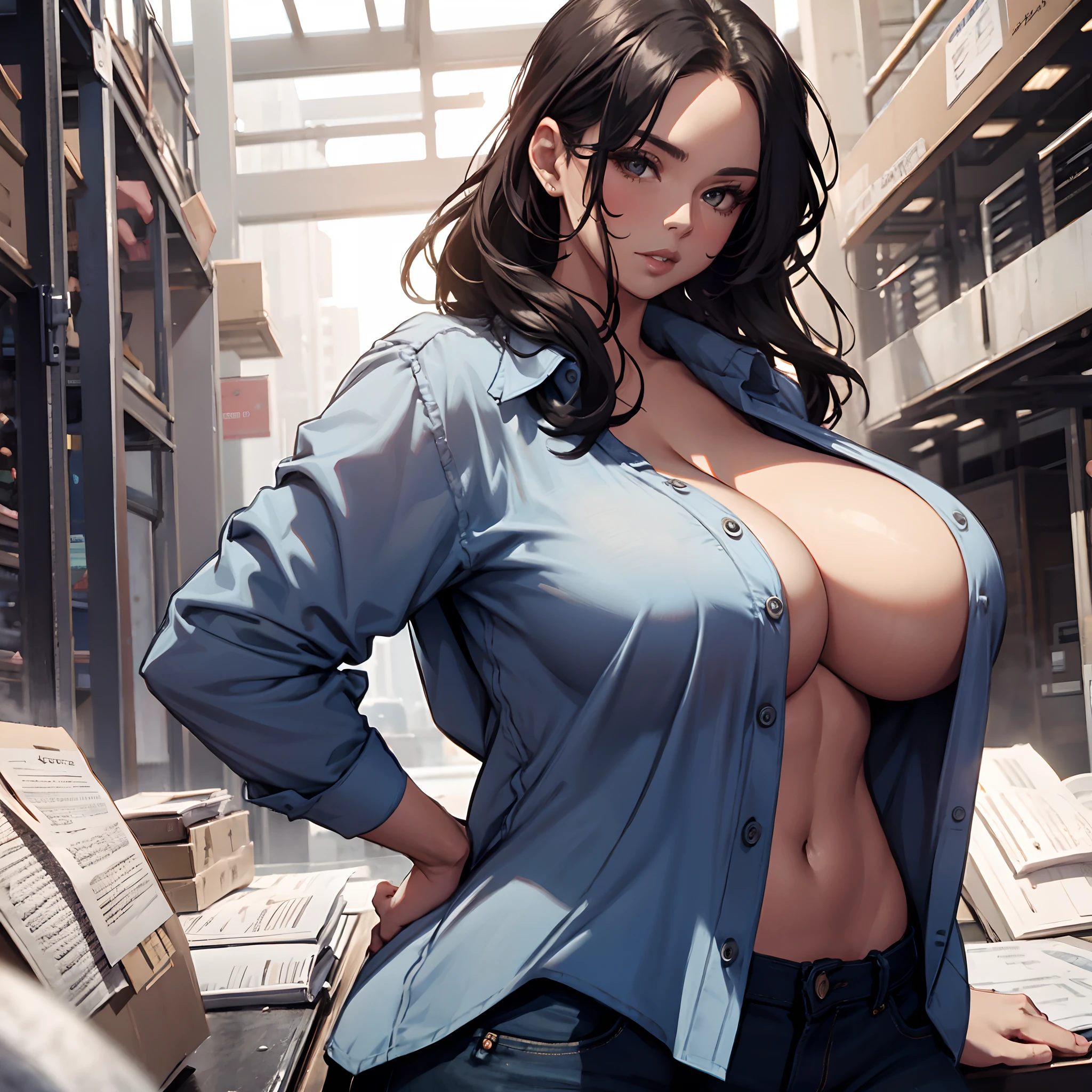 Mature voluptuous woman with big but , open shirt, no bra